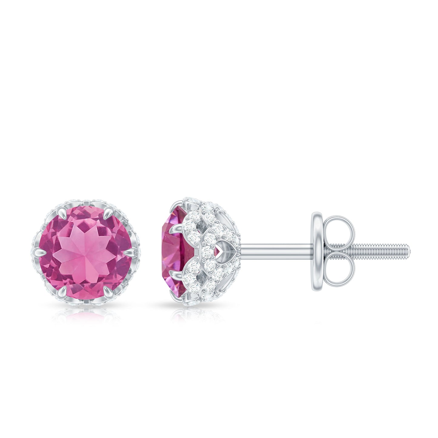 Designer 1 Carat Pink Tourmaline Stud Earrings with Diamond