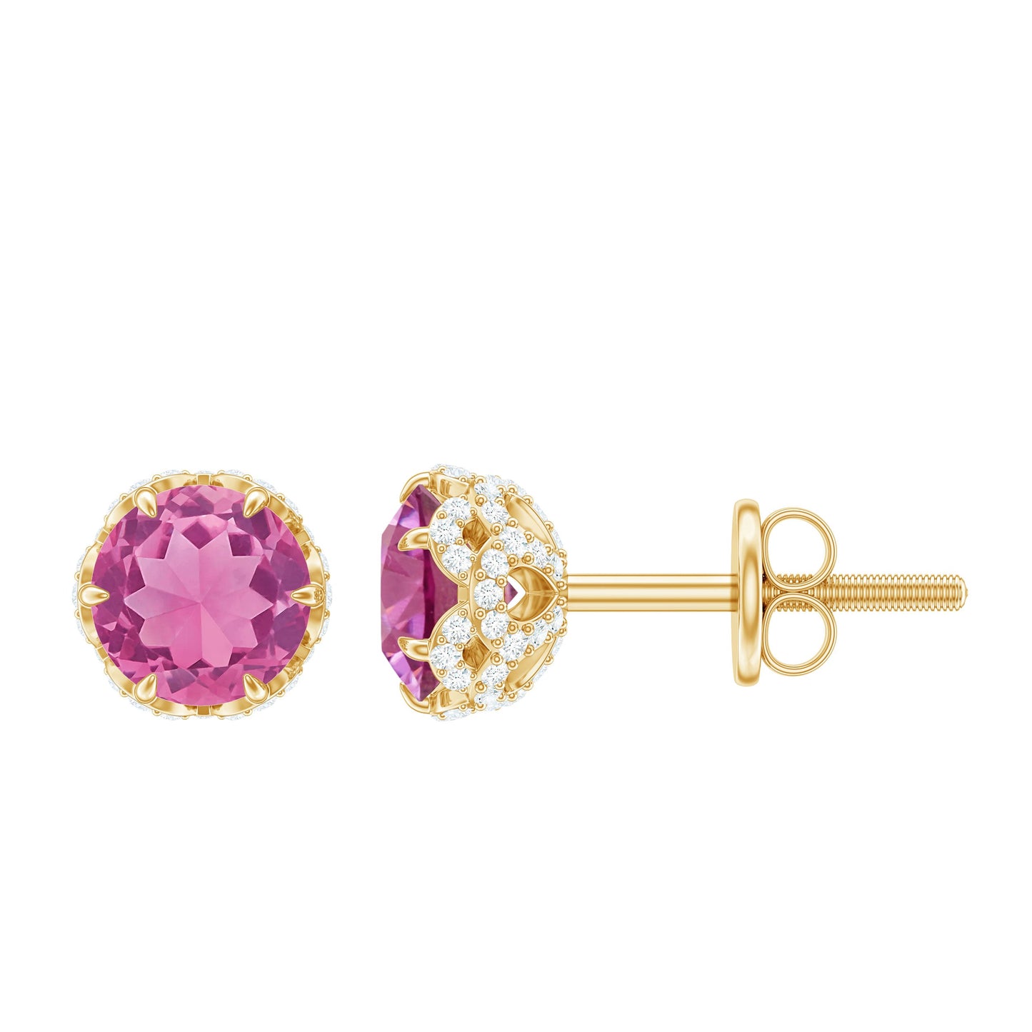 Designer 1 Carat Pink Tourmaline Stud Earrings with Diamond