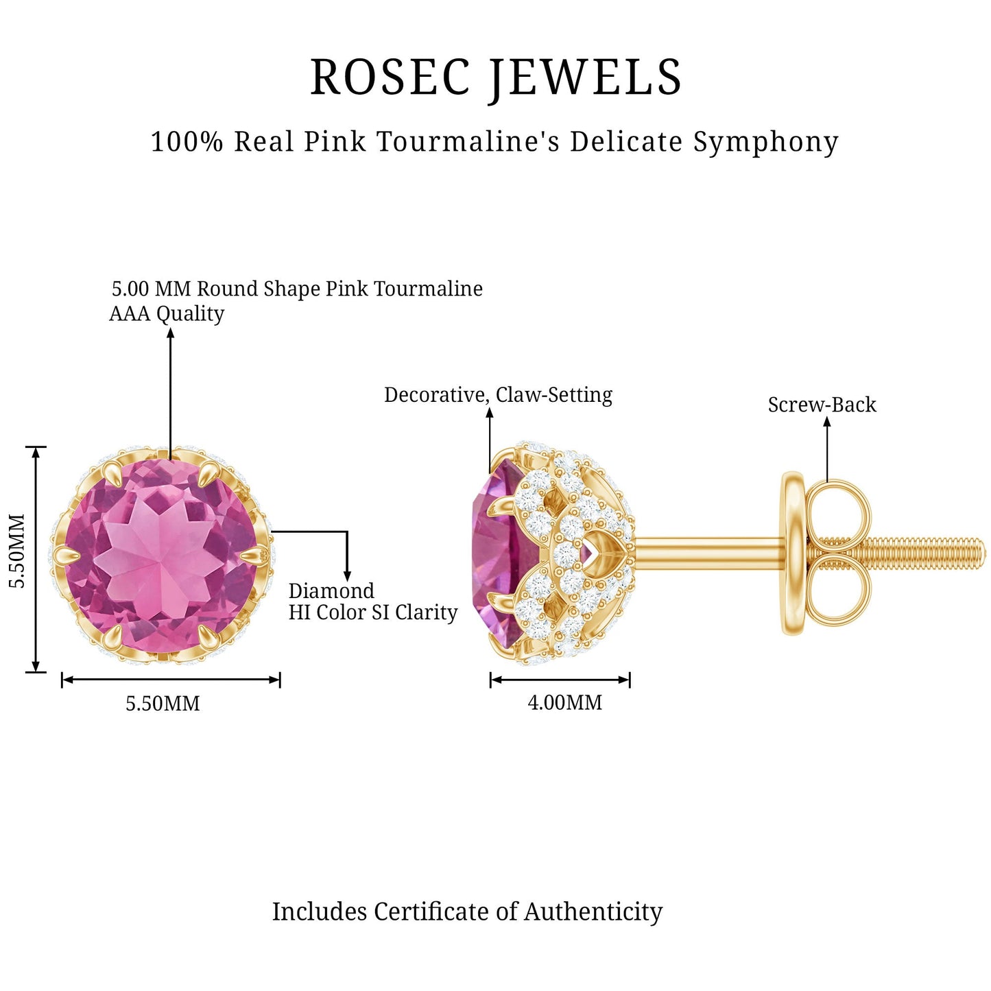 Designer 1 Carat Pink Tourmaline Stud Earrings with Diamond