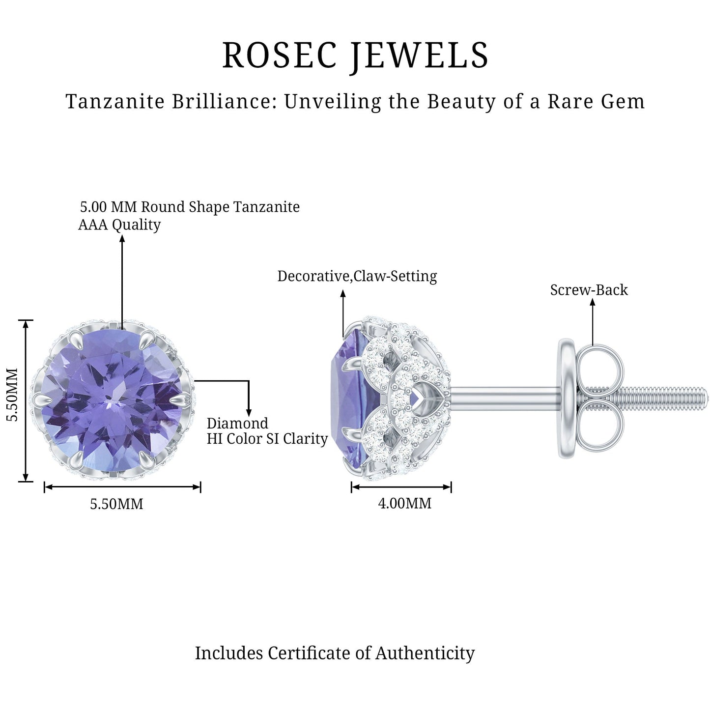 1 Carat Tanzanite Designer Stud Earrings with Diamond for Women