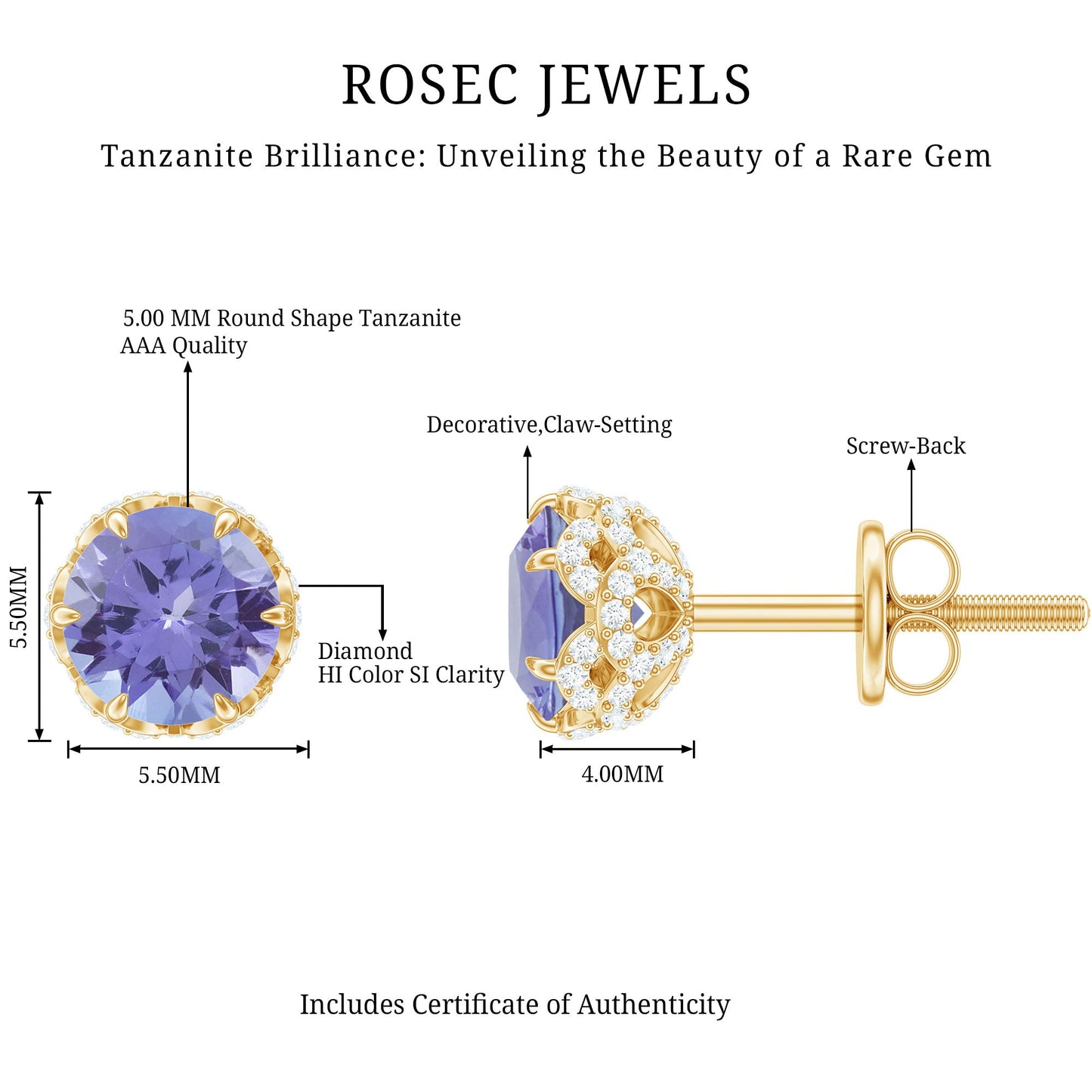 1 Carat Tanzanite Designer Stud Earrings with Diamond for Women