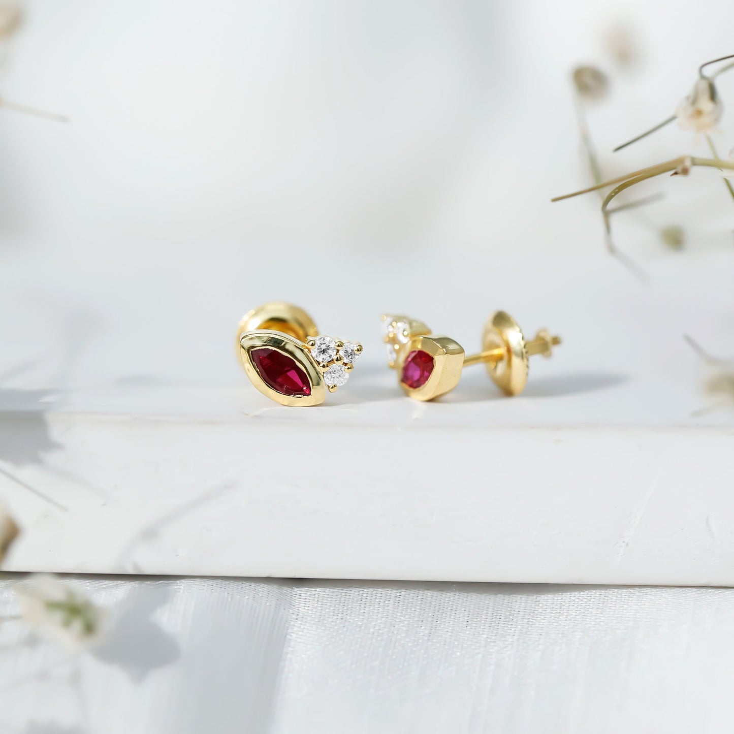 Marquise Cut Lab Grown Ruby and Diamond Stud Earrings in Silver