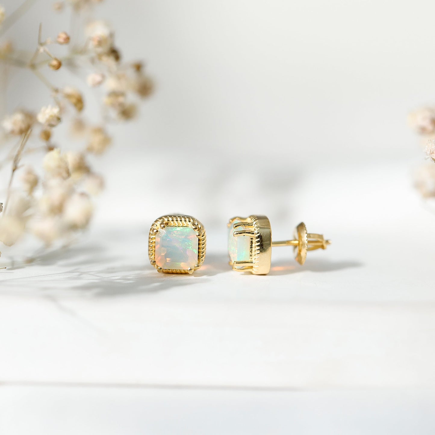 6 Carat Asscher Cut Ethiopian Opal Stud Earrings in Gold Plated Silver