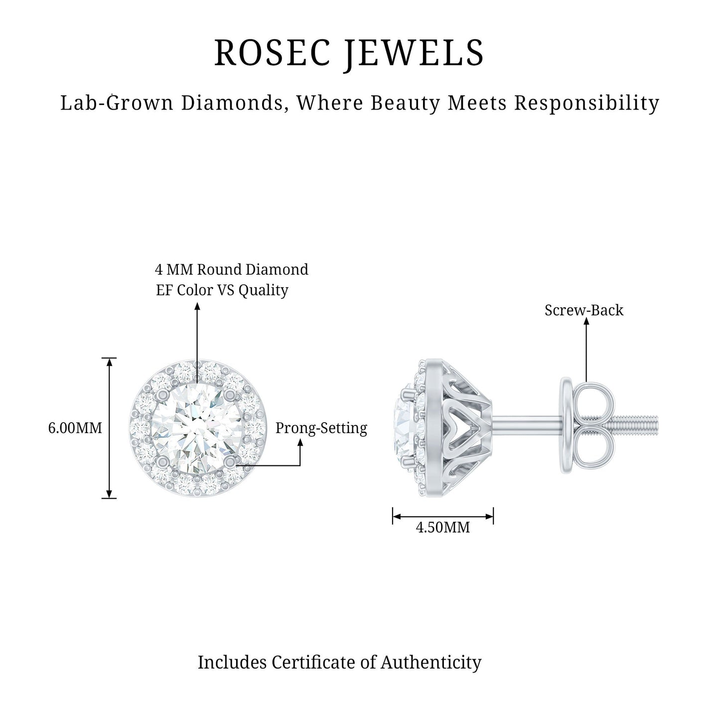 0.64 CTW Lab Grown Diamond Halo Stud Earrings (4mm, Screw Back)