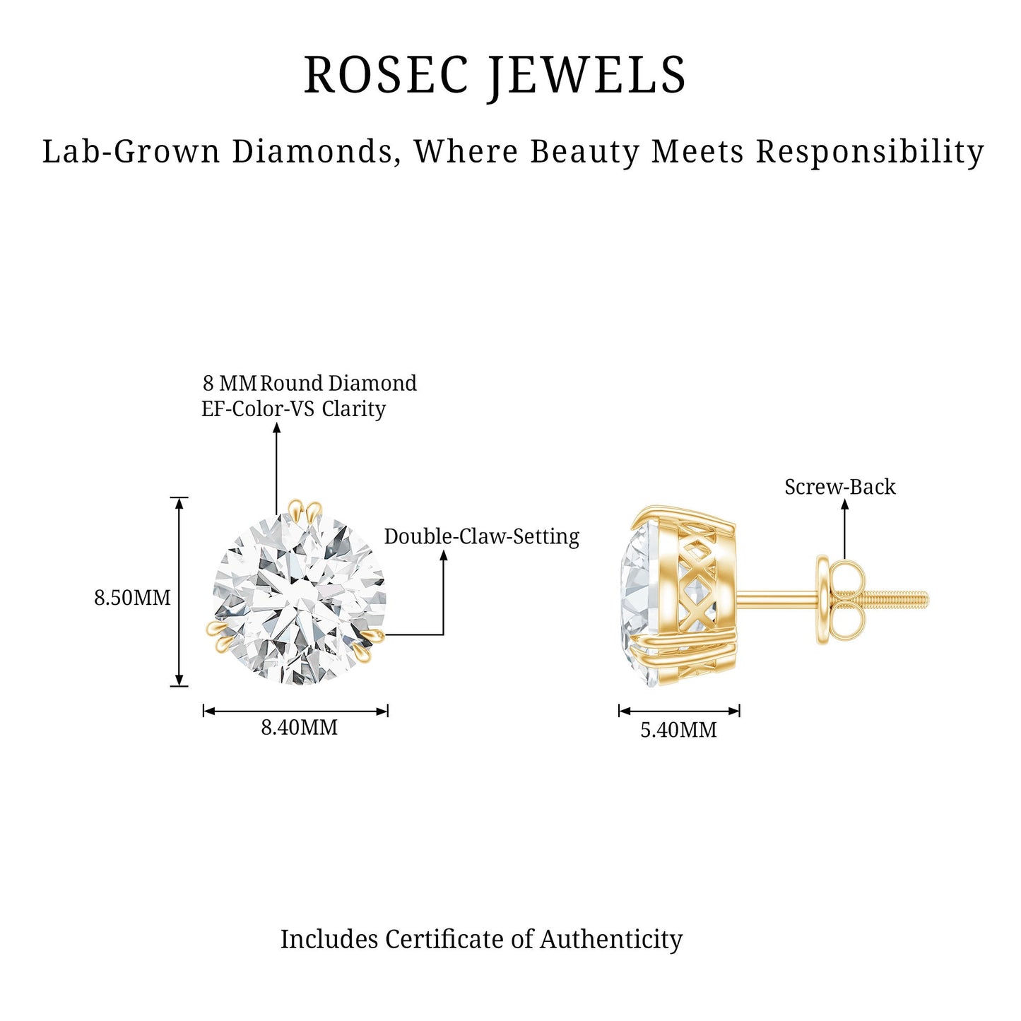 Certified 8mm Round Diamond Studs with Screw Back