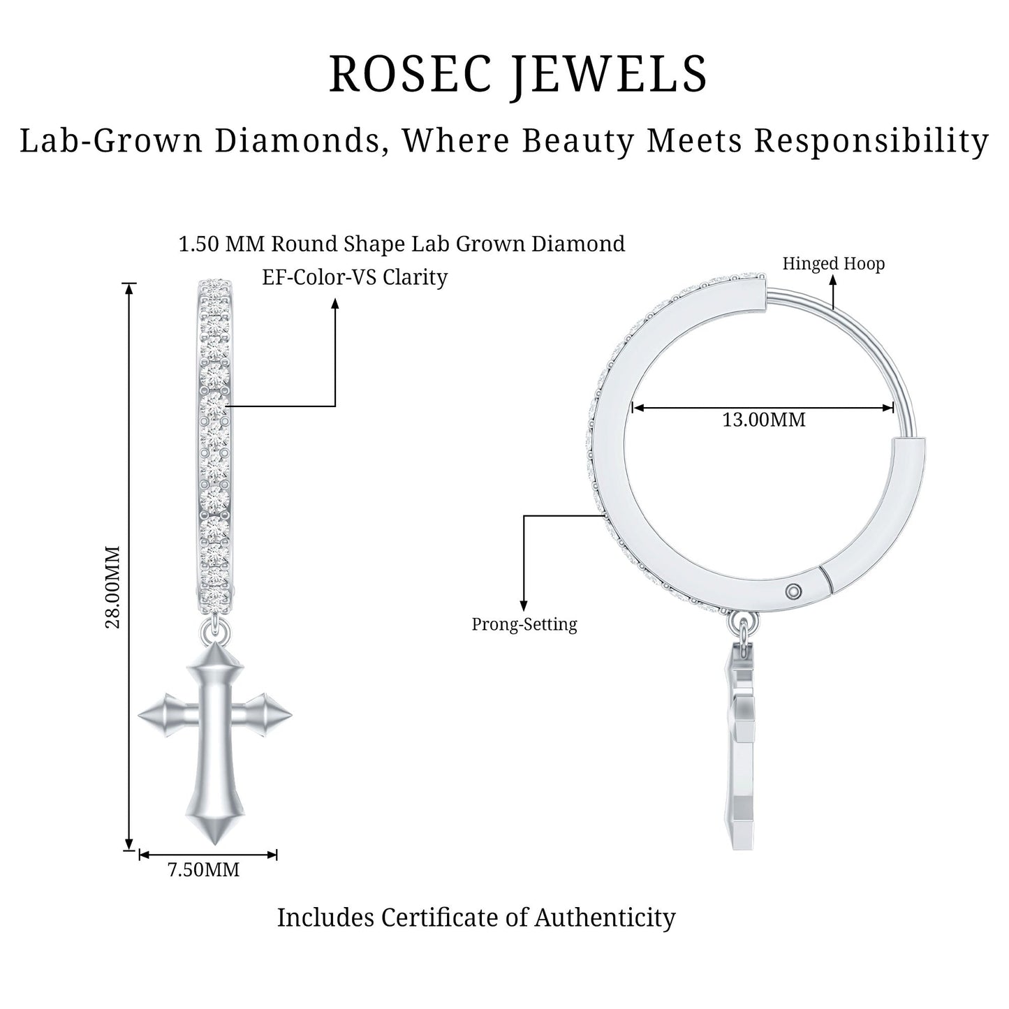 Lab Grown Diamond Holy Cross Hoop Drop Earrings For Women