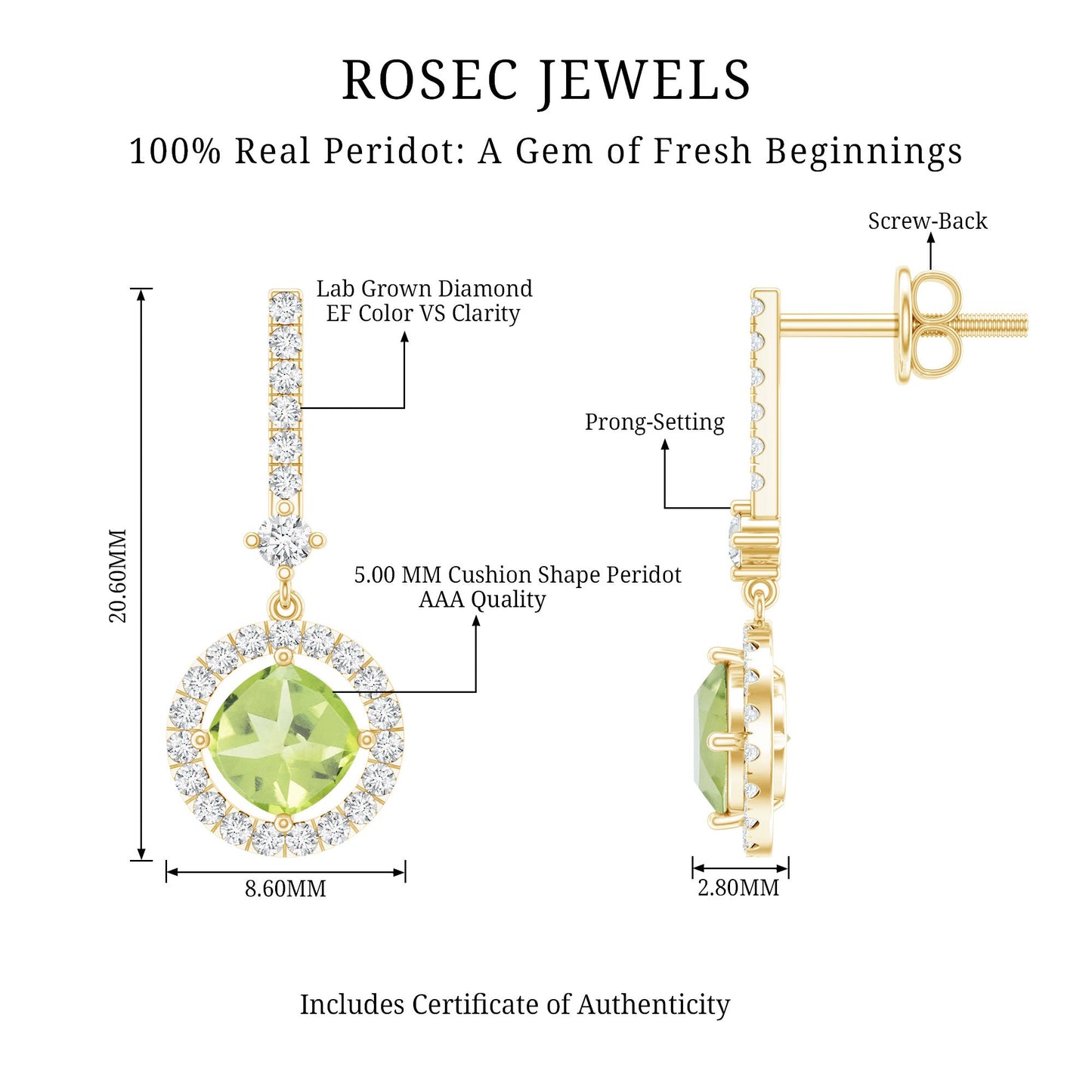 Genuine 1 Carat Peridot Dangle Earrings with Lab Diamond