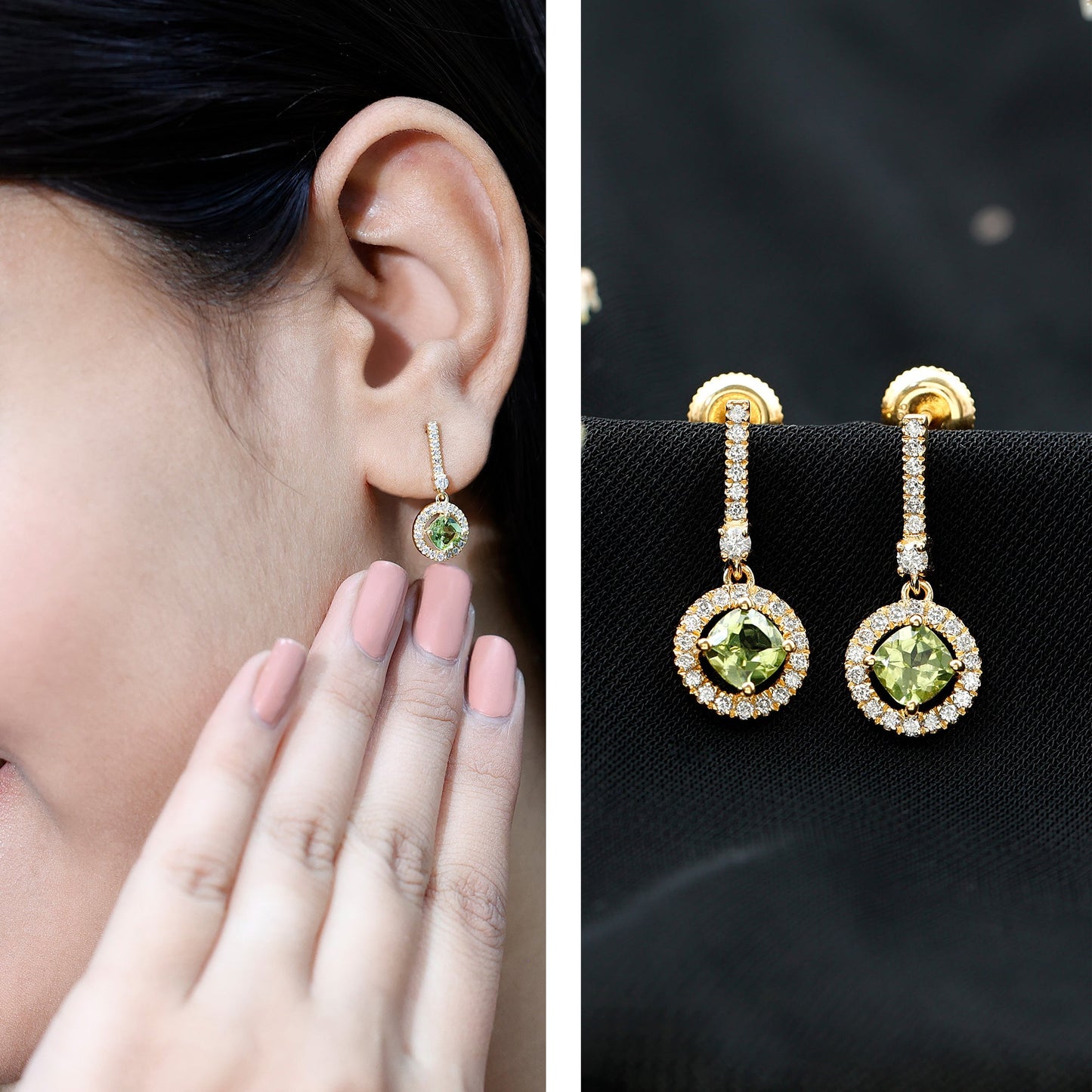 Genuine 1 Carat Peridot Dangle Earrings with Lab Diamond