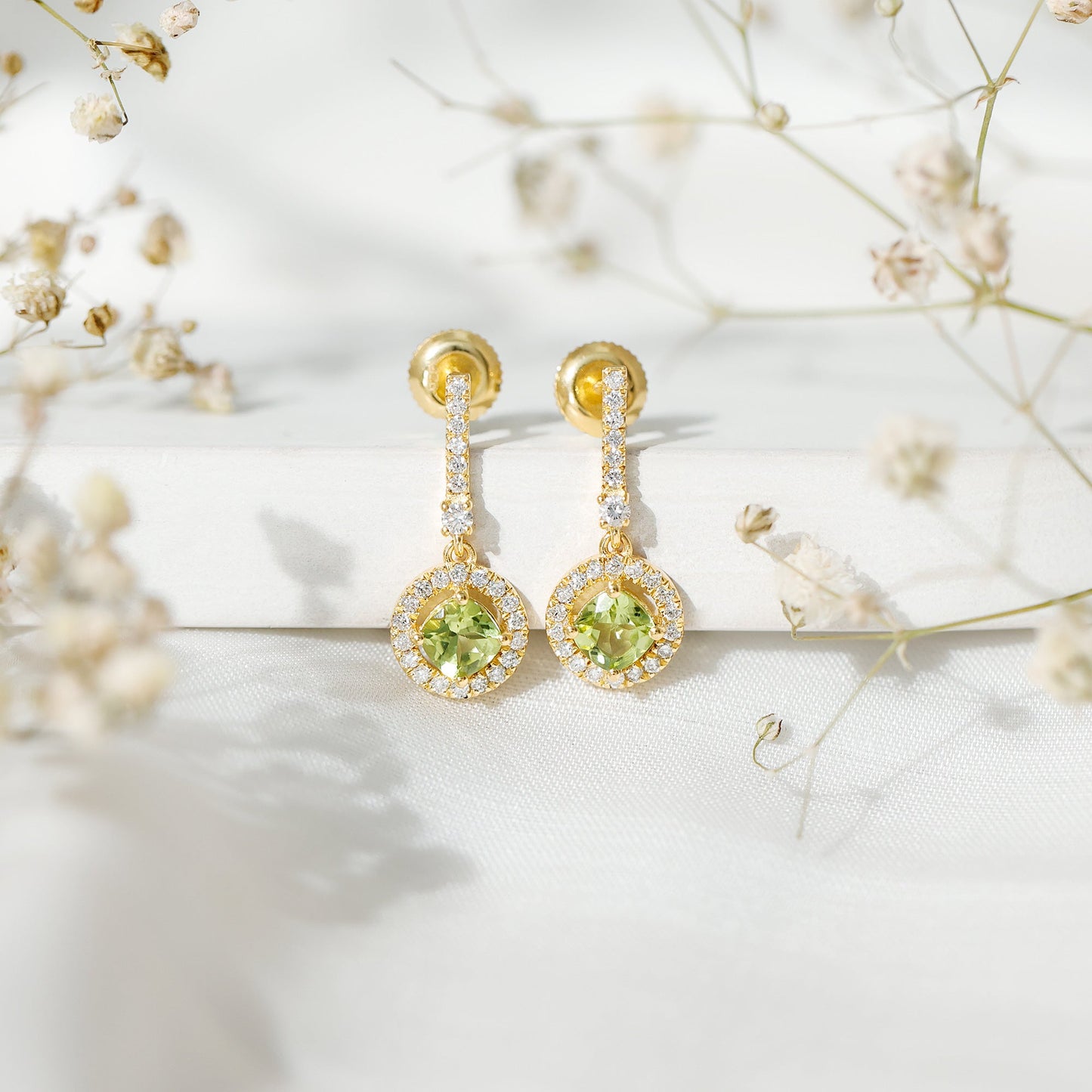 Genuine 1 Carat Peridot Dangle Earrings with Lab Diamond