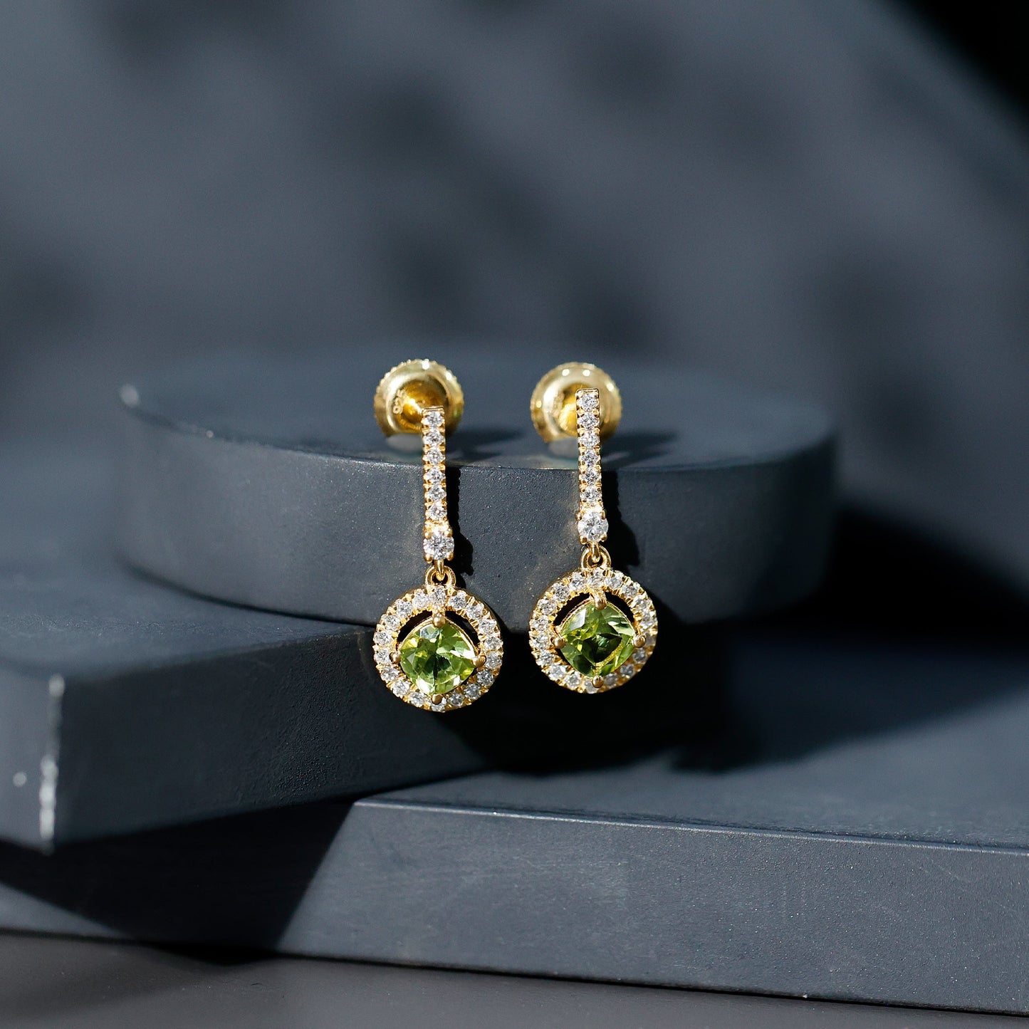 Genuine 1 Carat Peridot Dangle Earrings with Lab Diamond