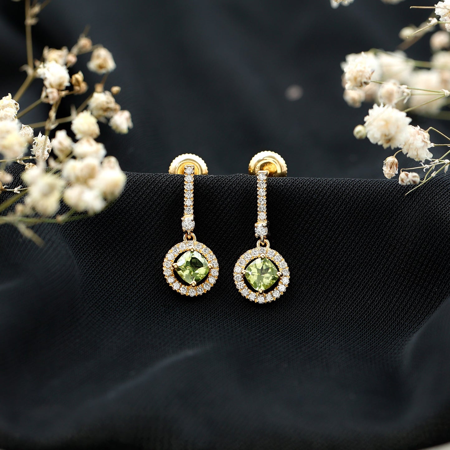 Genuine 1 Carat Peridot Dangle Earrings with Lab Diamond