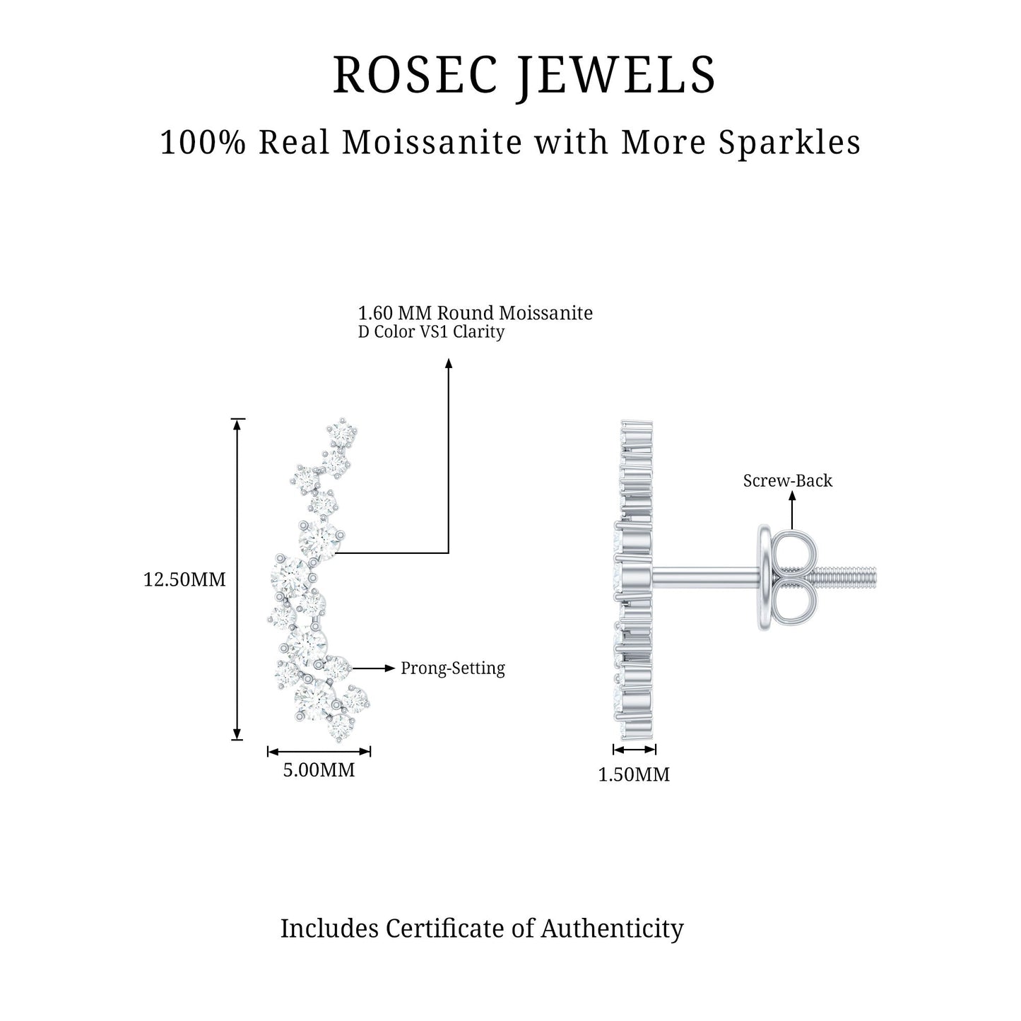 Certified Moissanite Ear Climber Earrings
