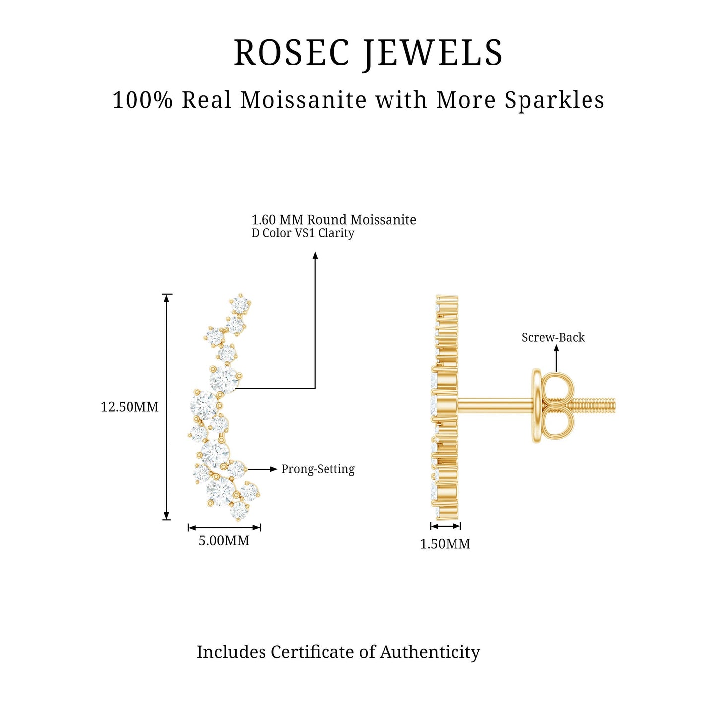 Certified Moissanite Ear Climber Earrings