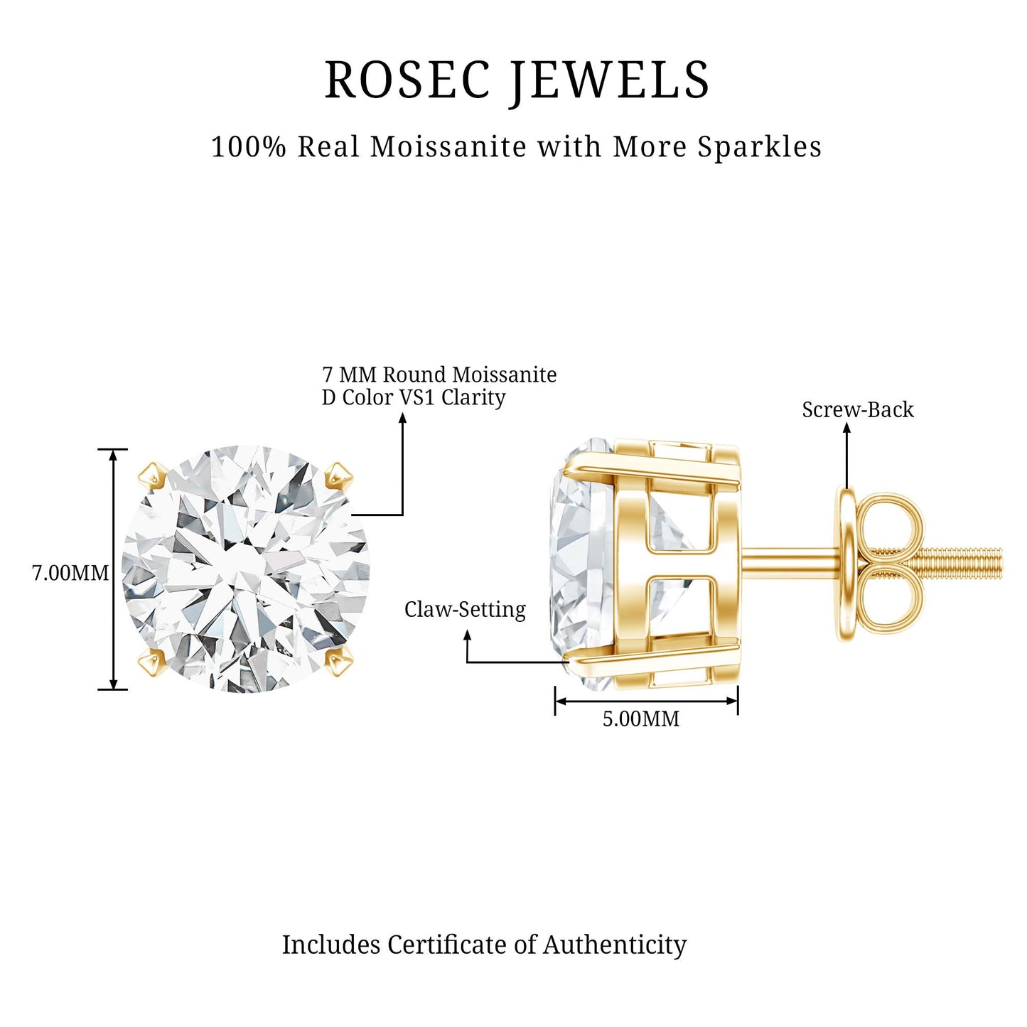 2.5 Carat Round Moissanite Studs in Claw Setting