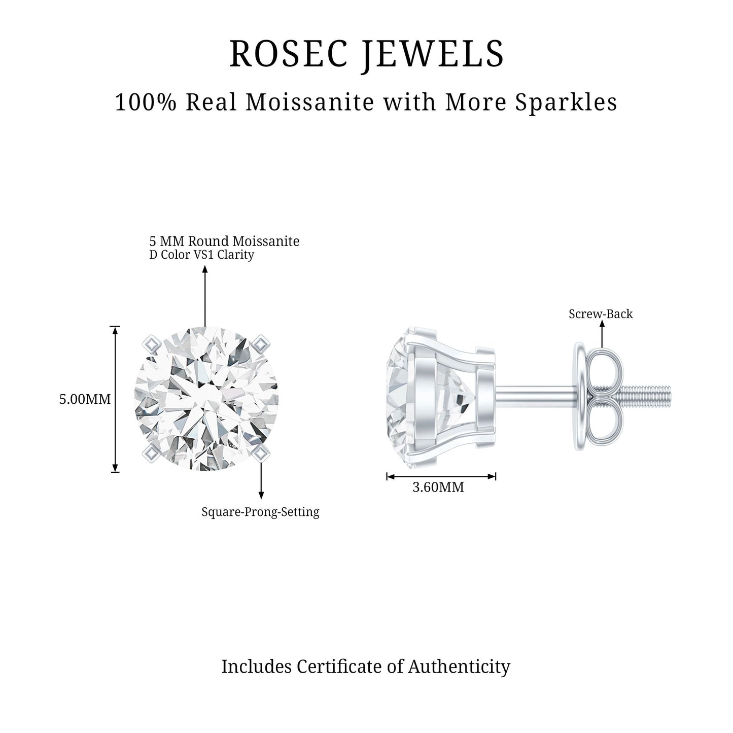 5 MM Round Shape Solitaire Moissanite Stud Earrings