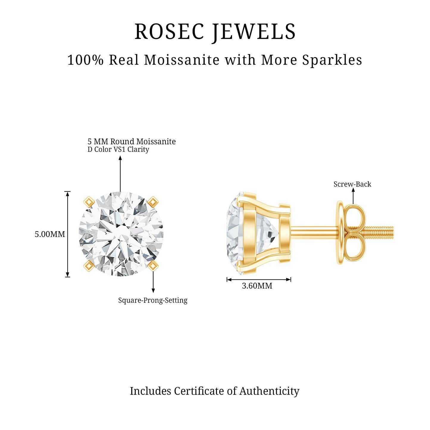 5 MM Round Shape Solitaire Moissanite Stud Earrings
