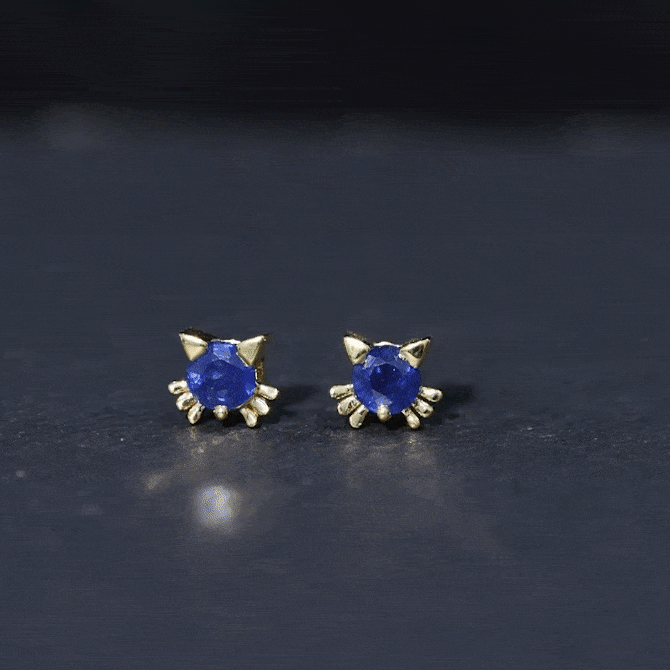 Natural 0.8 Carat Blue Sapphire Cat Stud Earrings for Women