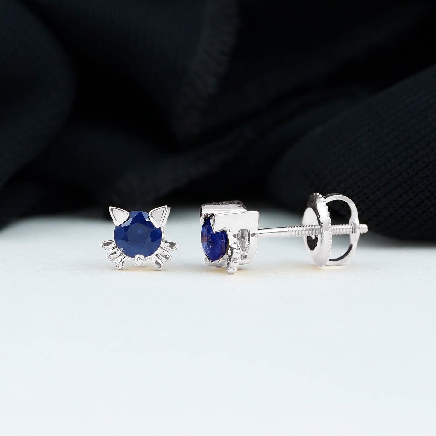 Natural 0.8 Carat Blue Sapphire Cat Stud Earrings for Women
