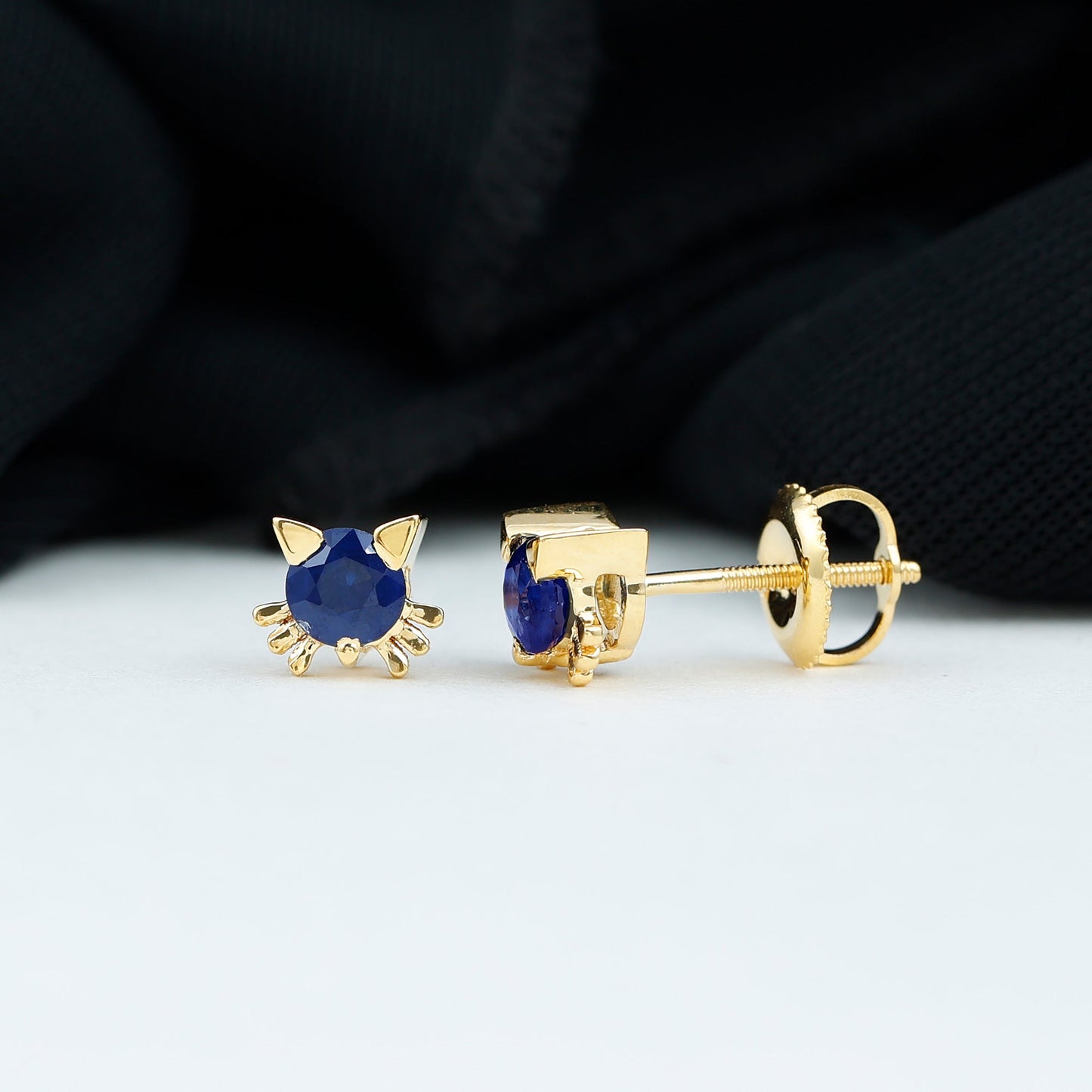 Natural 0.8 Carat Blue Sapphire Cat Stud Earrings for Women