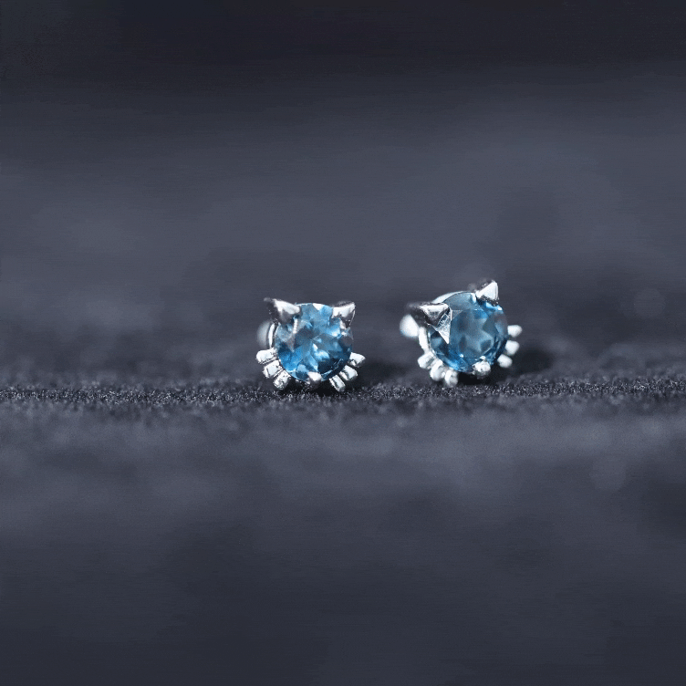 1 CT Round Shape London Blue Topaz Cat Stud Earrings