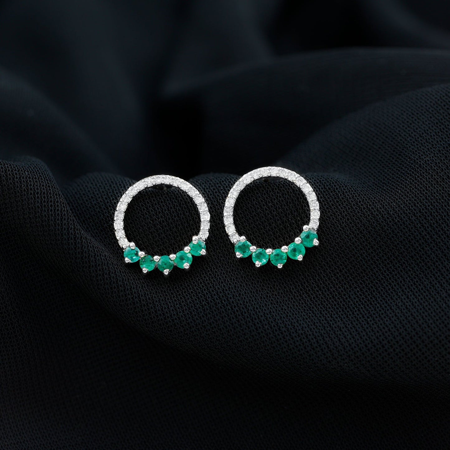 Open Circle Stud Earrings with Emerald and Diamond