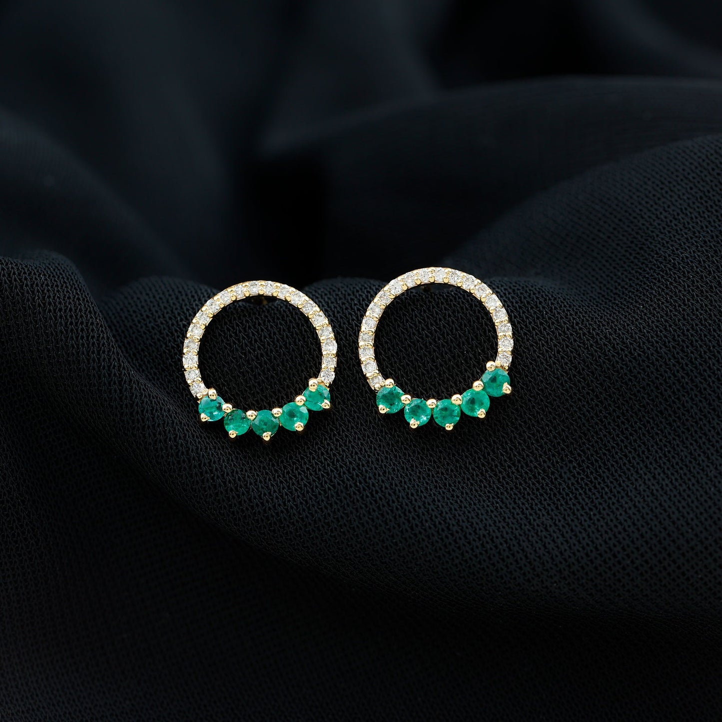 Open Circle Stud Earrings with Emerald and Diamond