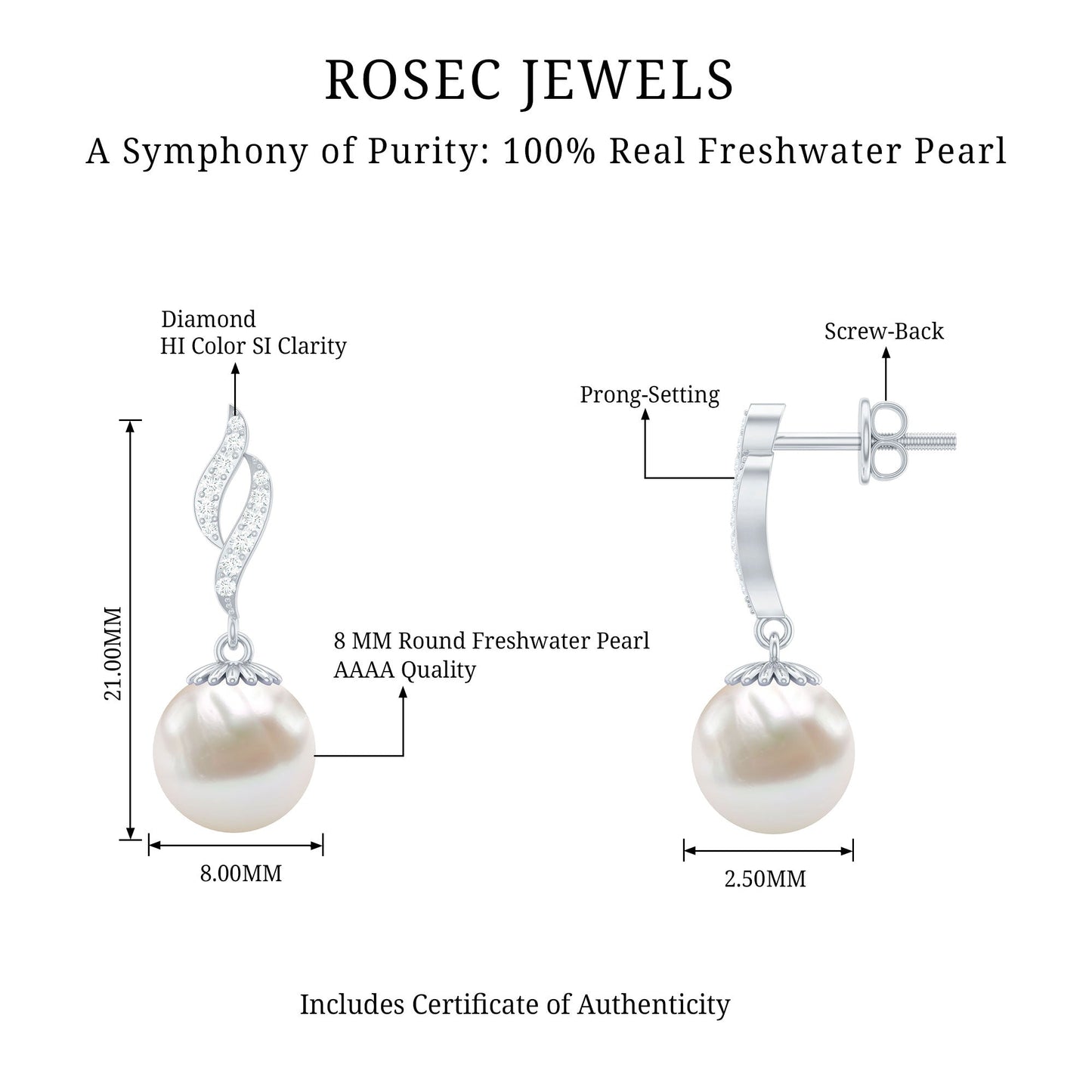8MM Freshwater Pearl Drop Earrings with Diamond Accents