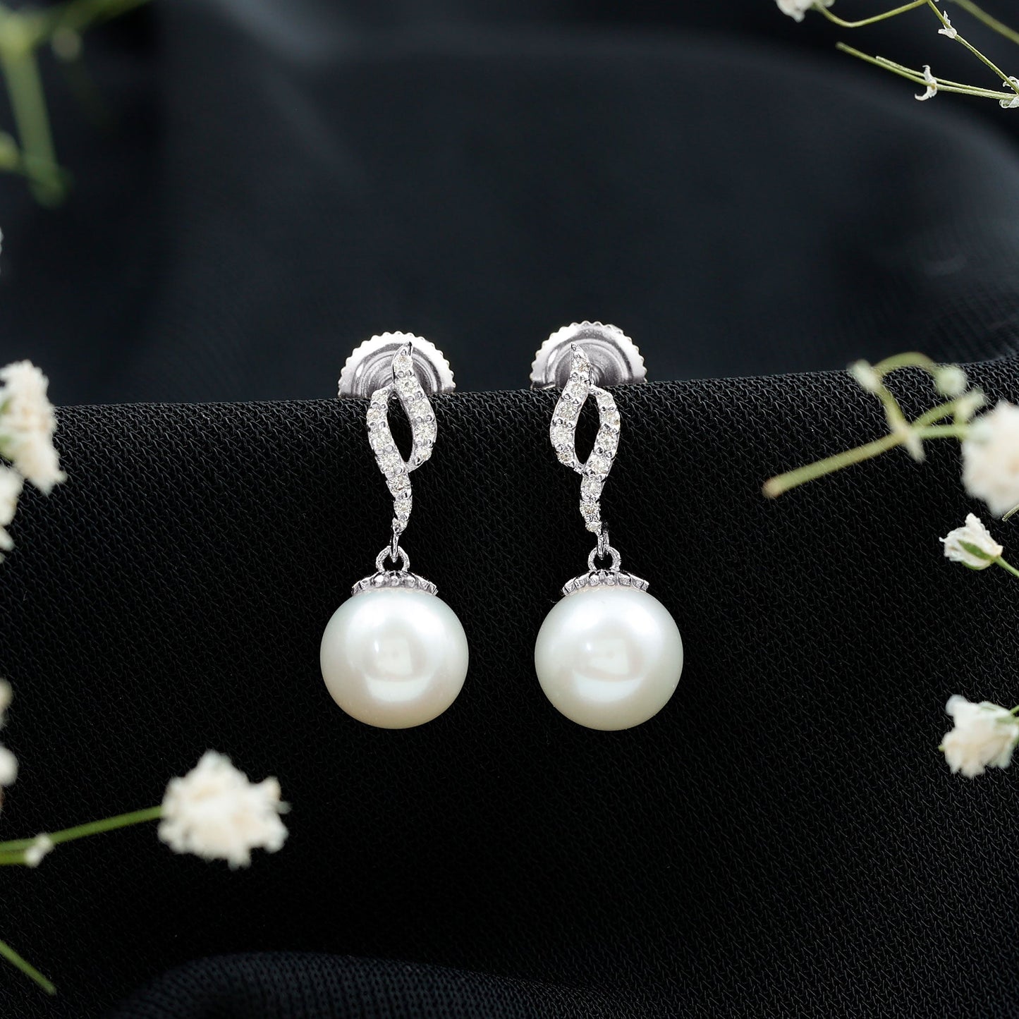 8MM Freshwater Pearl Drop Earrings with Diamond Accents