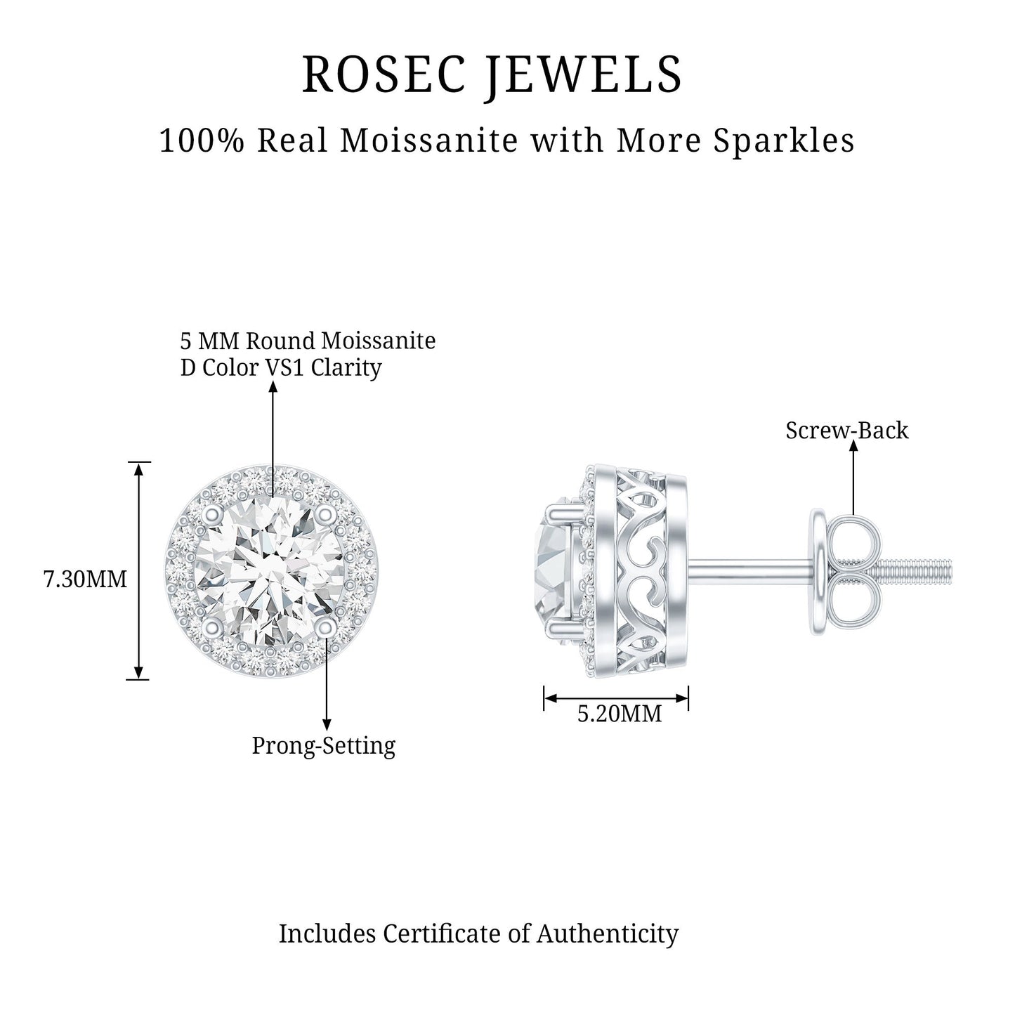 3 CT Certified Moissanite Minimal Stud Earrings with Halo in Gold