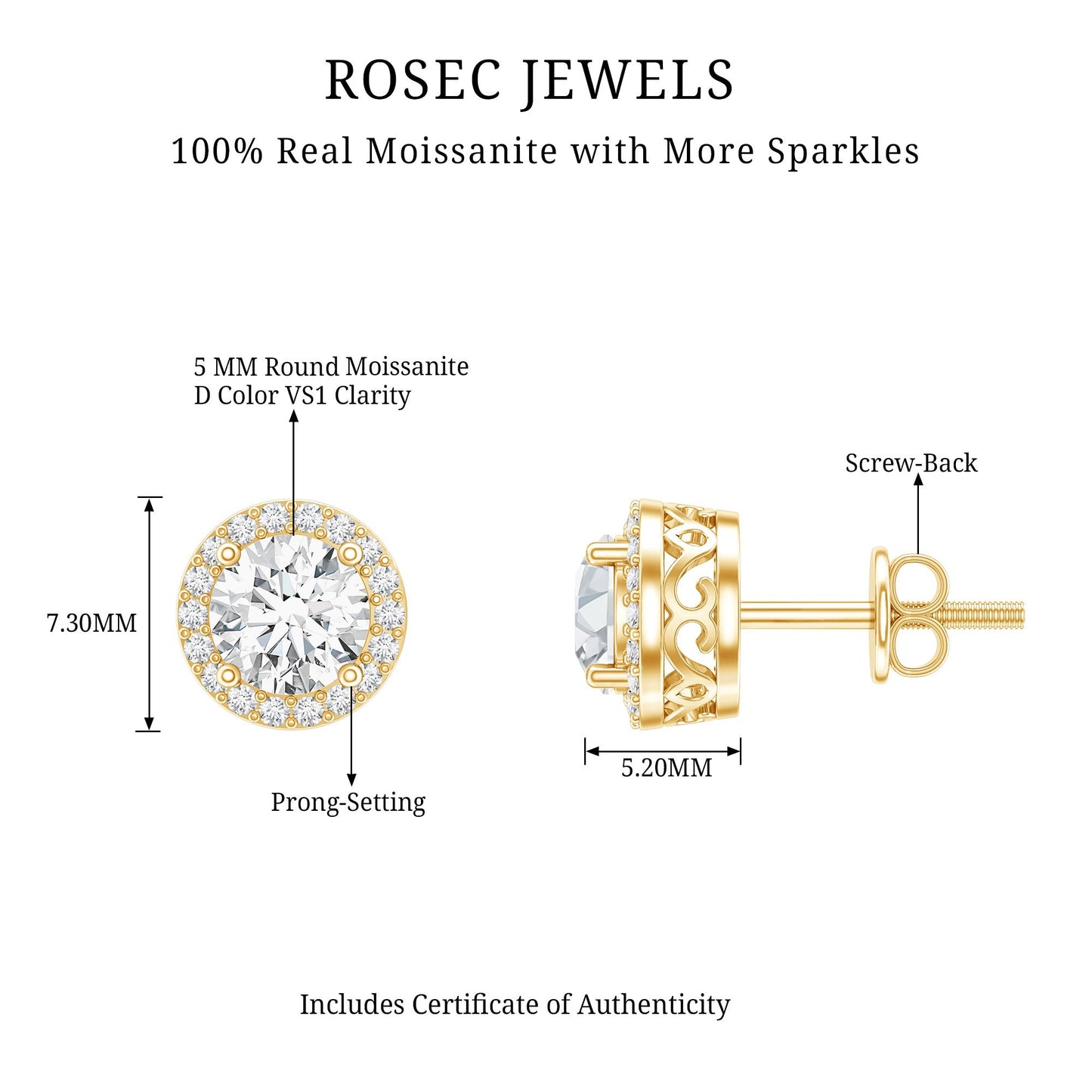 3 CT Certified Moissanite Minimal Stud Earrings with Halo in Gold