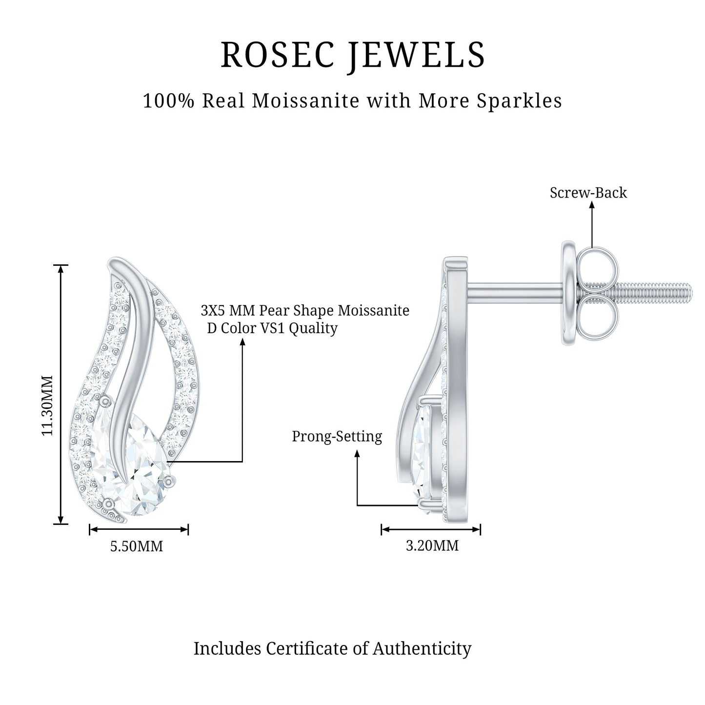 Certified Moissanite Leaf Stud Earrings with Screw Back