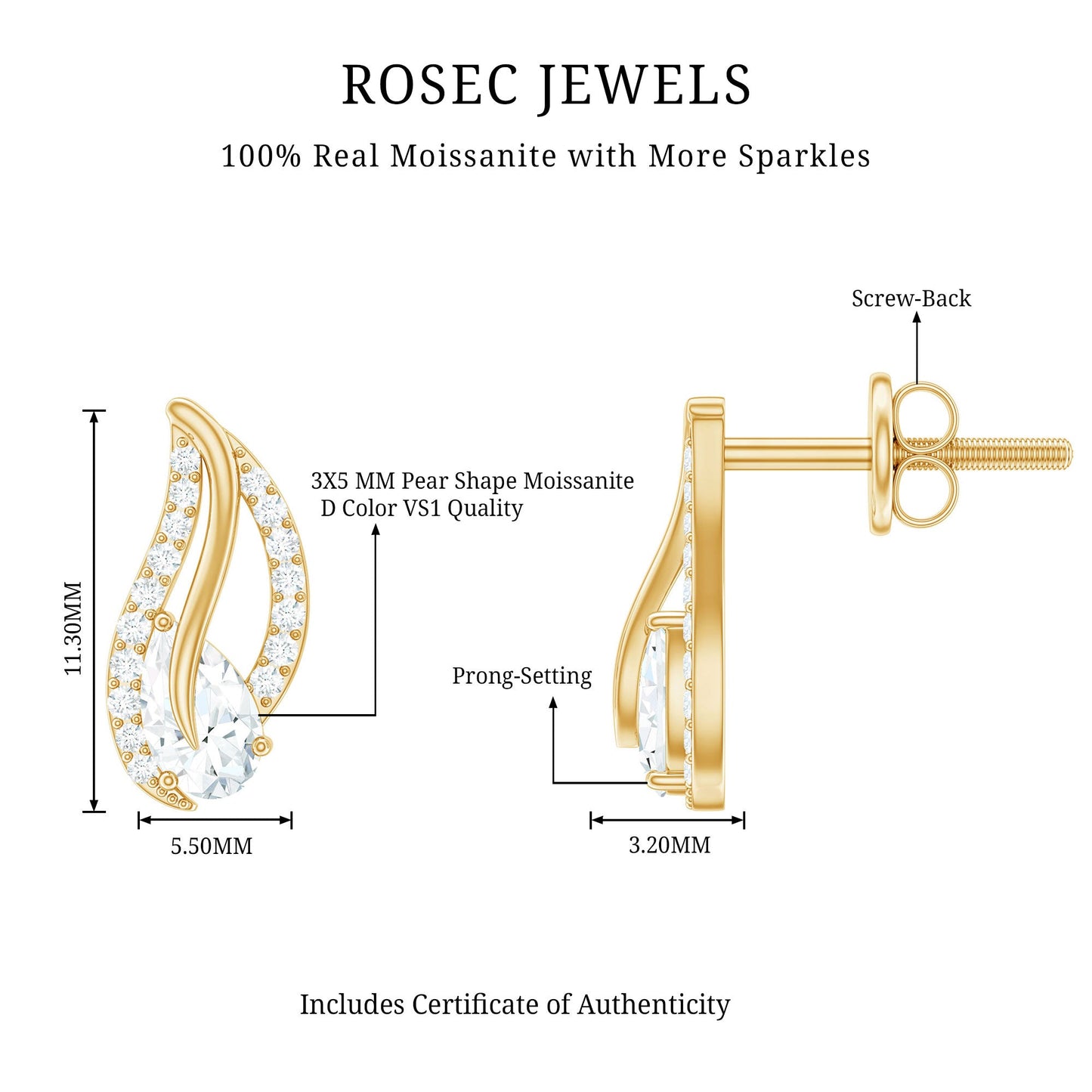 Certified Moissanite Leaf Stud Earrings with Screw Back