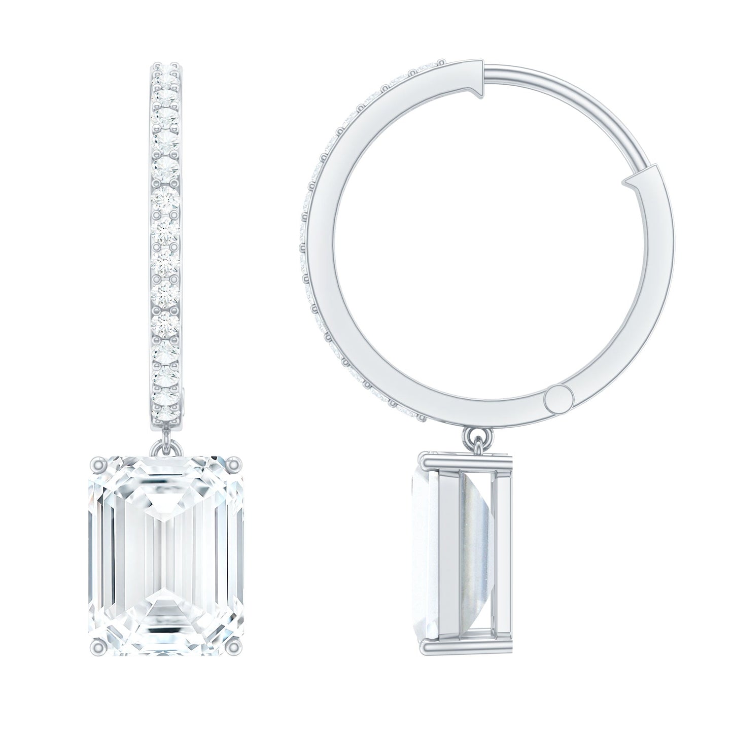 Certified 2.8 Carat Emerald Cut Moissanite Drop Hoop Earrings