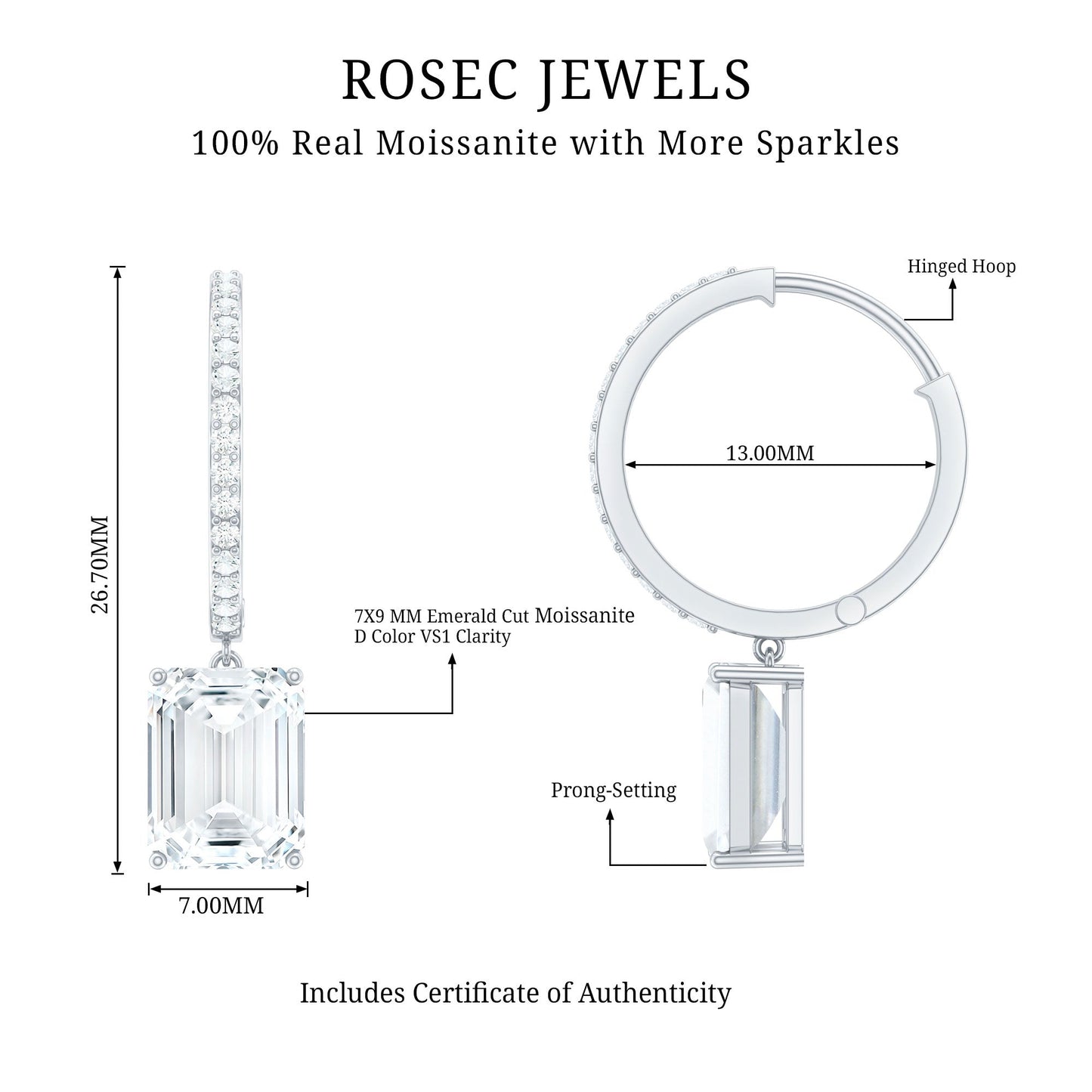 Certified 2.8 Carat Emerald Cut Moissanite Drop Hoop Earrings