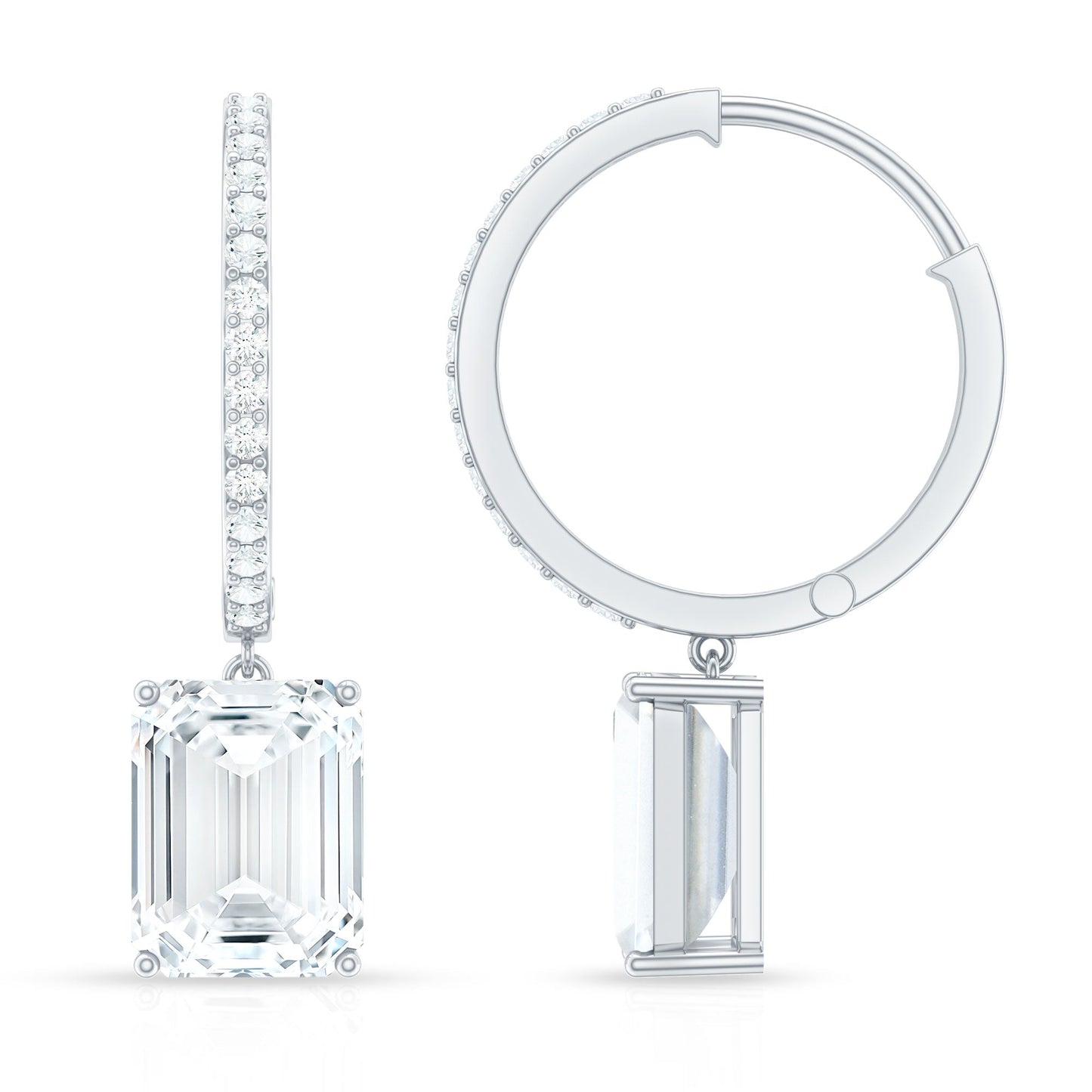Certified 2.8 Carat Emerald Cut Moissanite Drop Hoop Earrings