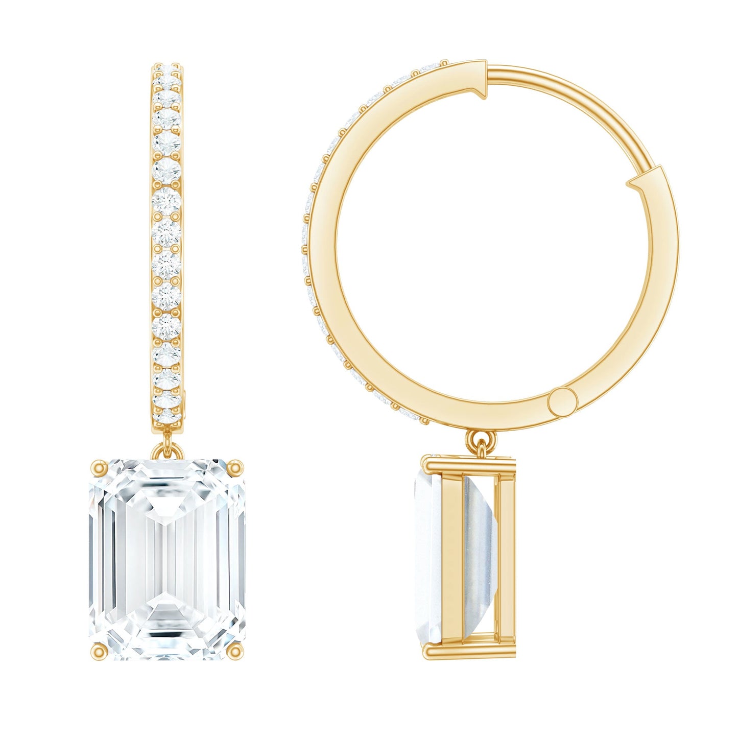 Certified 2.8 Carat Emerald Cut Moissanite Drop Hoop Earrings