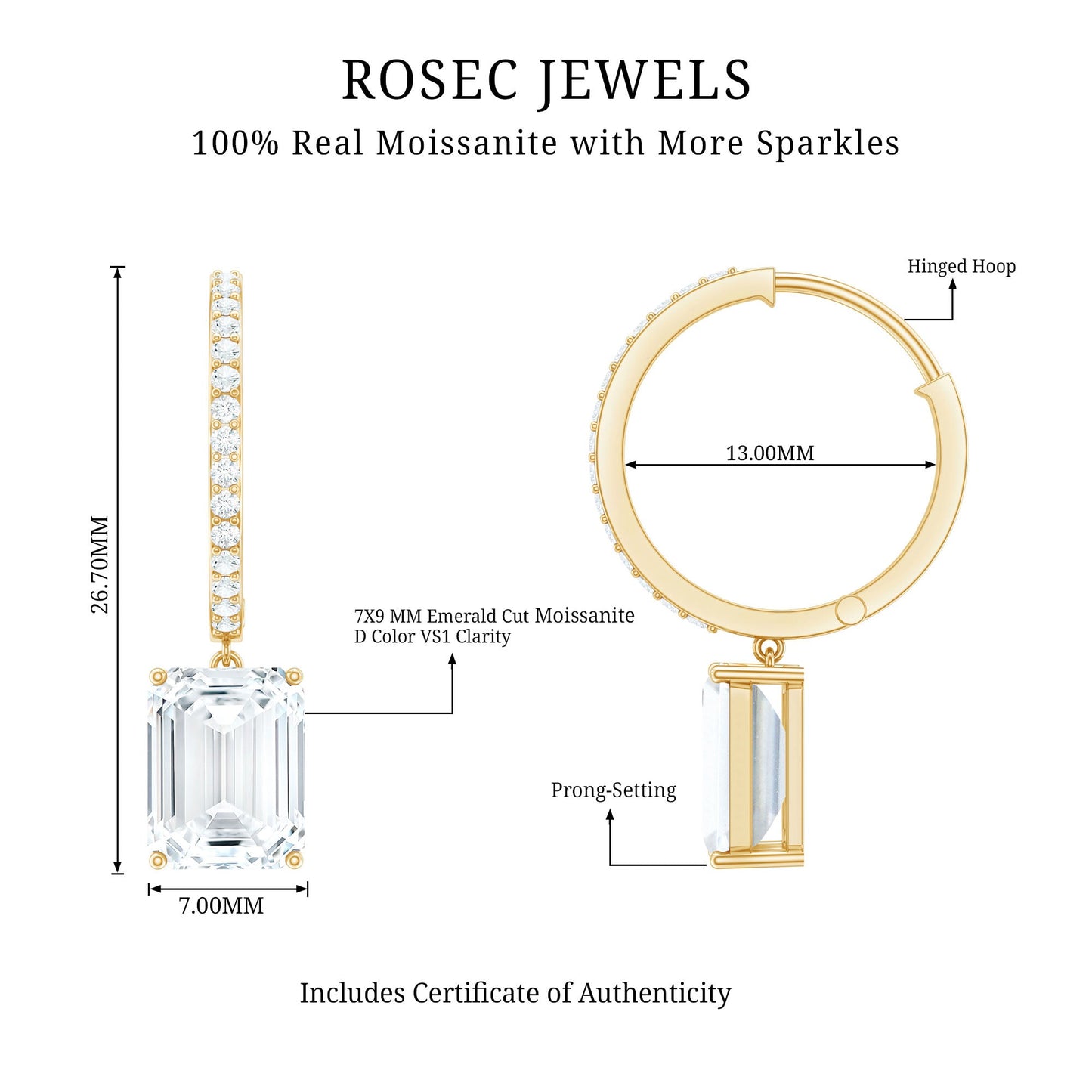 Certified 2.8 Carat Emerald Cut Moissanite Drop Hoop Earrings