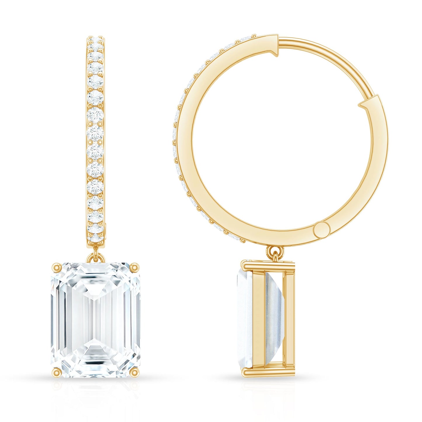 Certified 2.8 Carat Emerald Cut Moissanite Drop Hoop Earrings