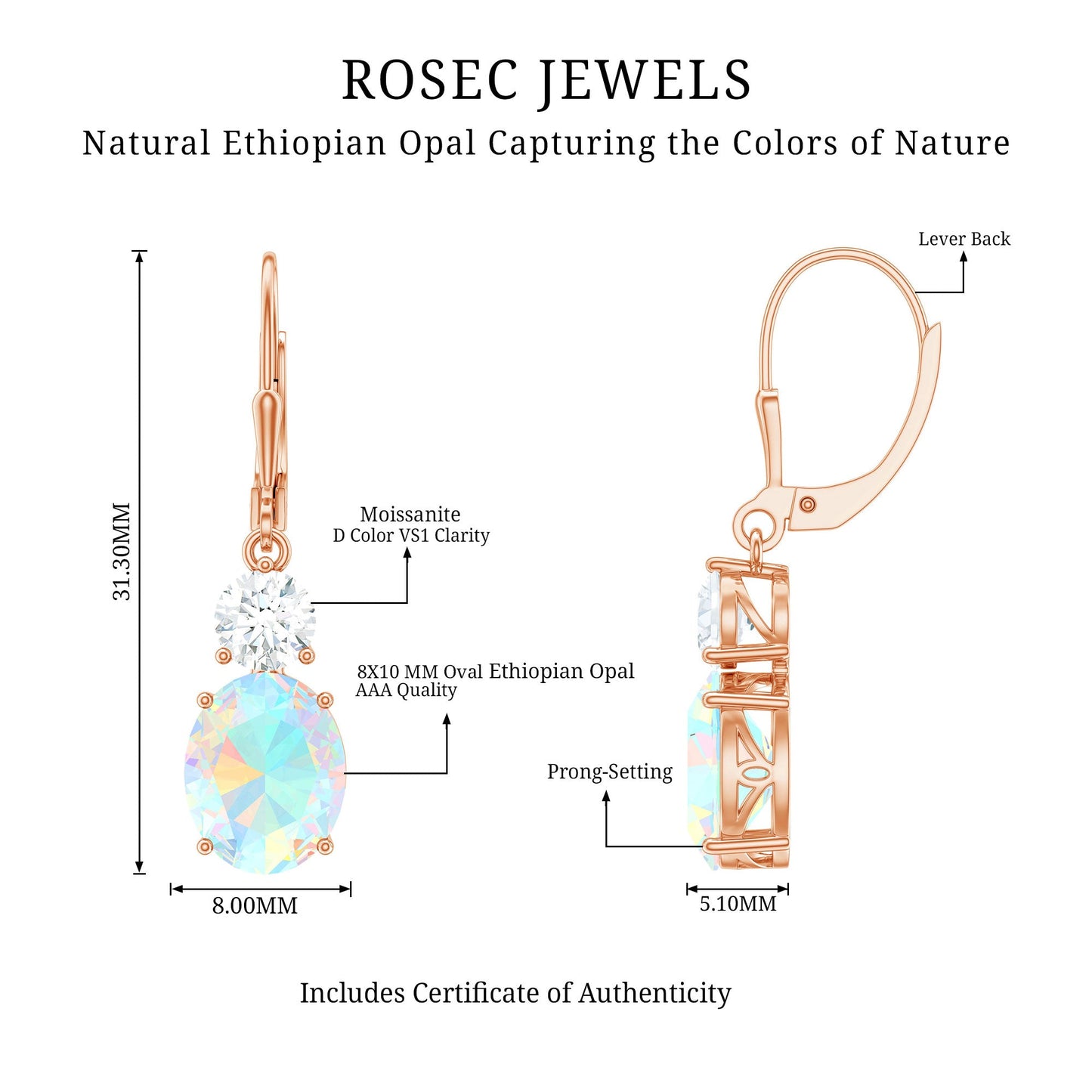 Certified Real 8X10mm Oval Ethiopian Opal Drop Earrings with Moissanite