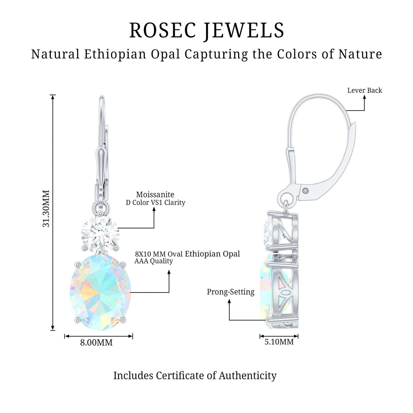 Certified Real 8X10mm Oval Ethiopian Opal Drop Earrings with Moissanite