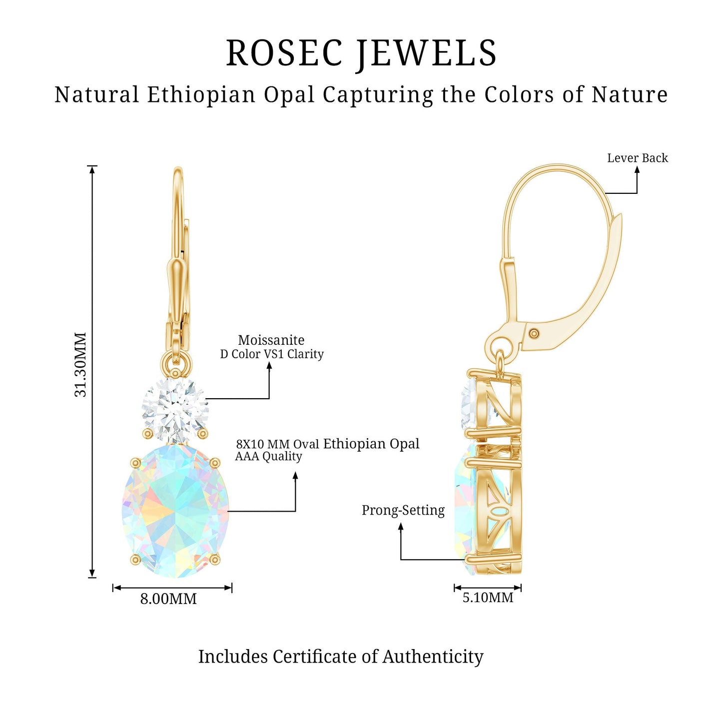 Certified Real 8X10mm Oval Ethiopian Opal Drop Earrings with Moissanite