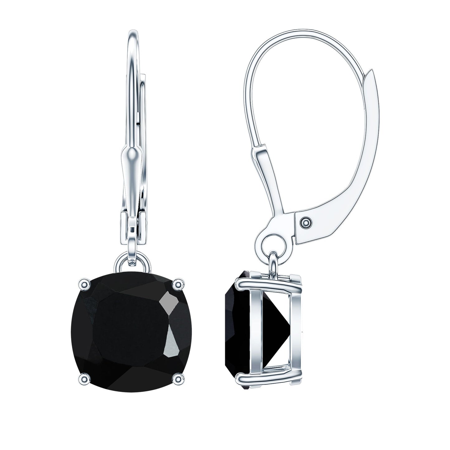 Genuine 8mm Cushion Cut Black Spinel Drop Earrings Lever Back