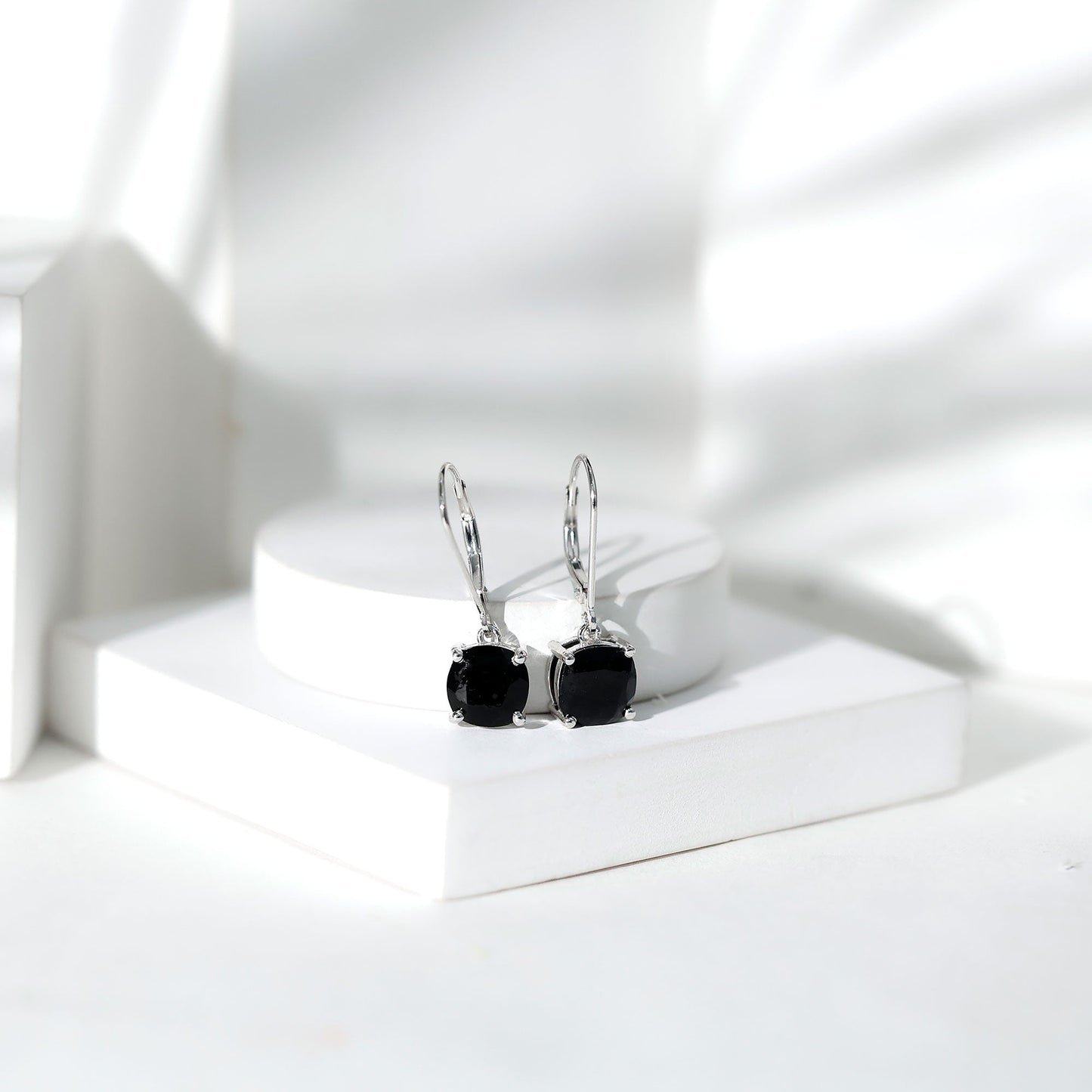 Genuine 8mm Cushion Cut Black Spinel Drop Earrings Lever Back
