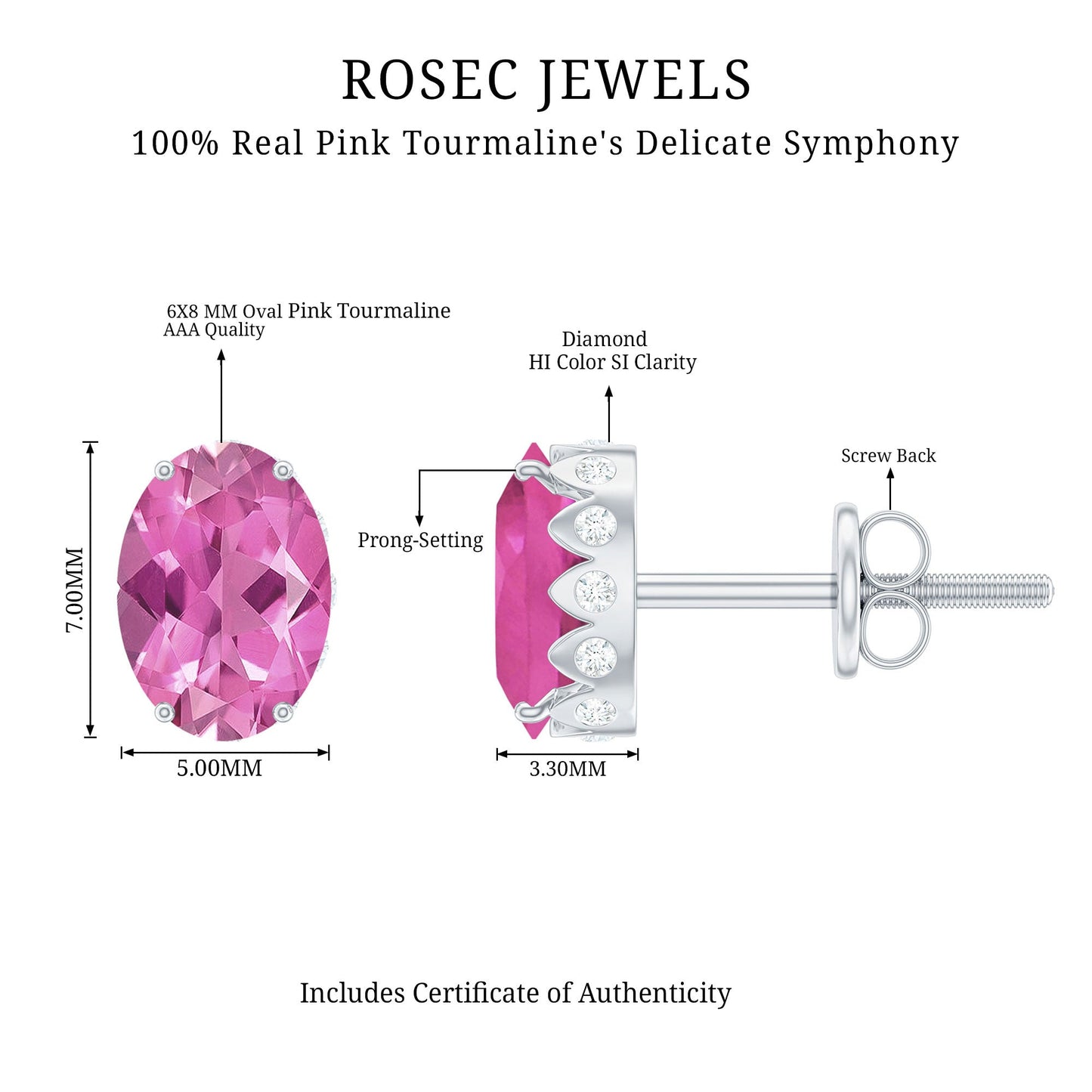 Real 2 Carat Oval Pink Tourmaline Stud Earrings with Diamond
