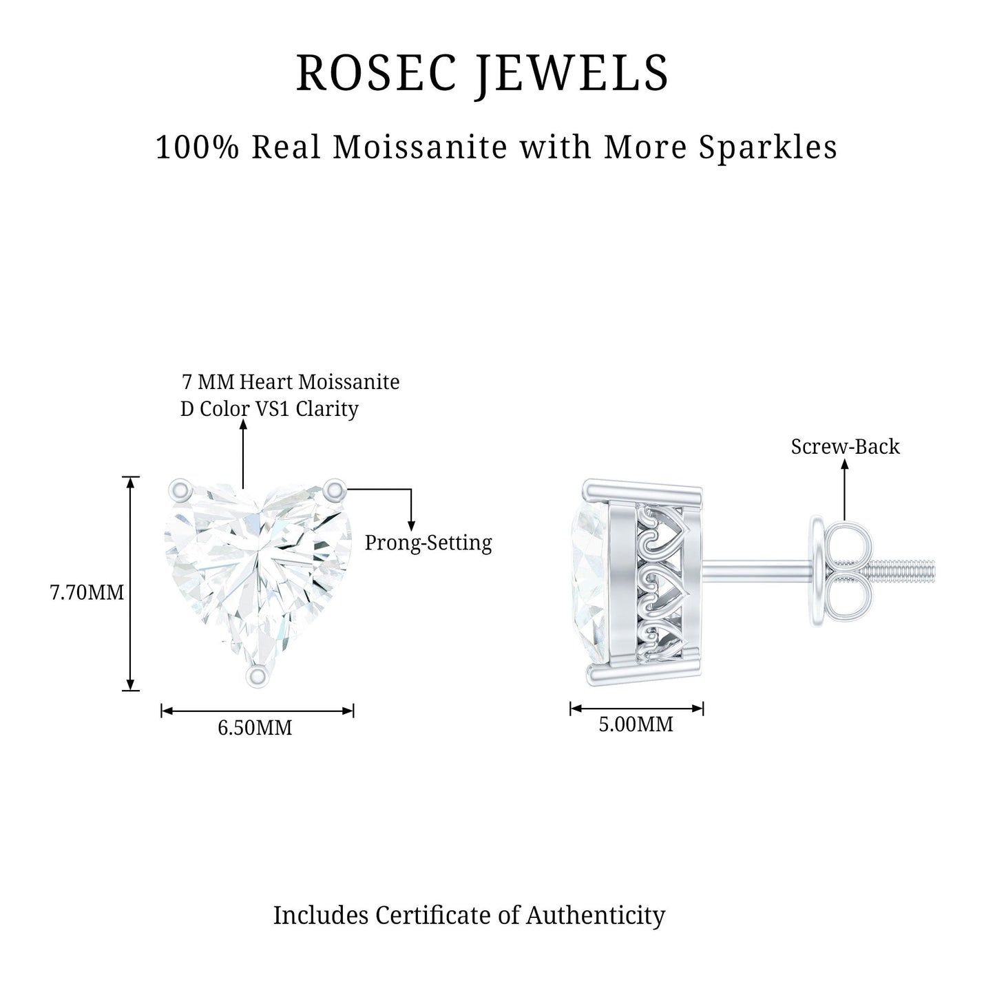 Certified 3 Carat Moissanite Heart Earrings For Women
