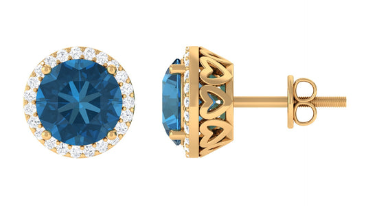 London Blue Topaz Stud Earrings with Diamond Halo