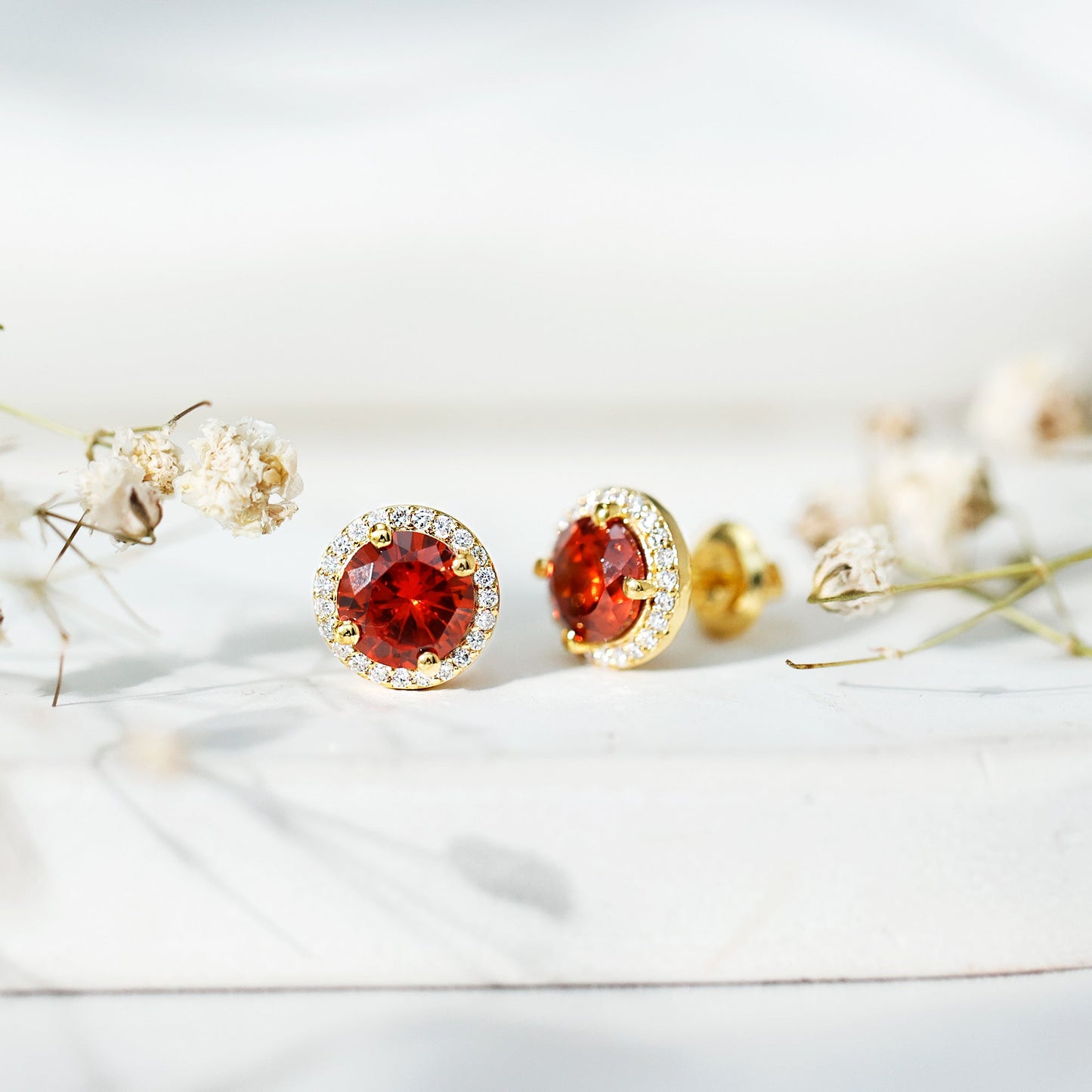Lab Created Orange Sapphire and Diamond Halo Stud Earrings