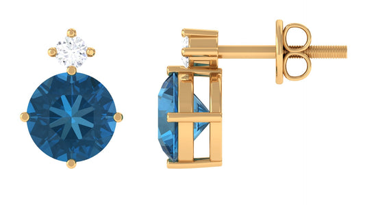 London Blue Topaz Solitaire Stud Earrings with Diamond