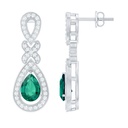 Silver Lab Grown Emerald Wedding Dangle Earrings With Certificate