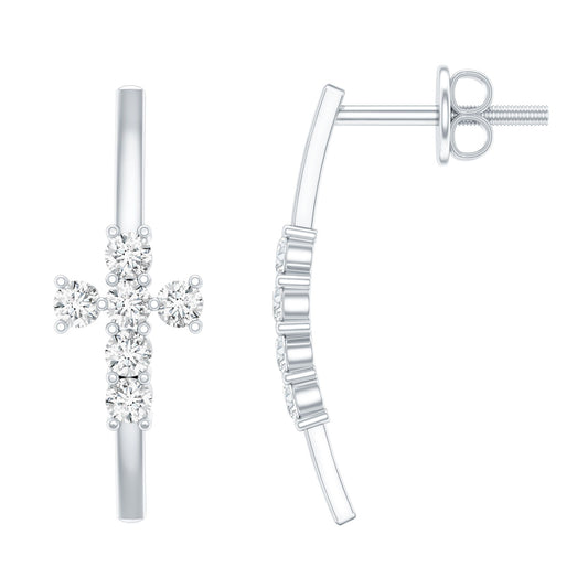 Certified Moissanite Cross Stud Earrings in 14K Gold Plated Silver
